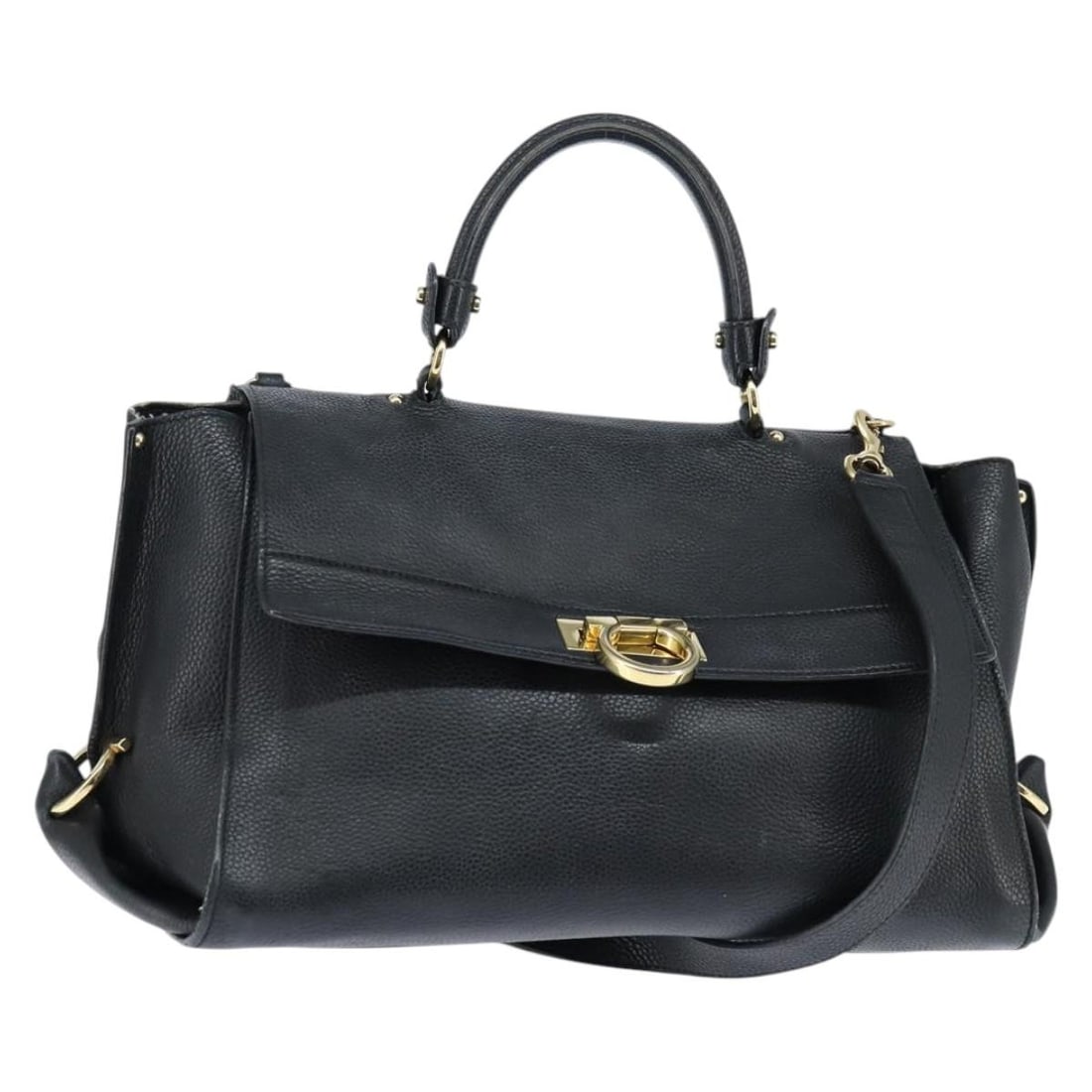 Salvatore Ferragamo Gancini Hand Bag Leather Black Gold 2way Authentic (1 of 18)