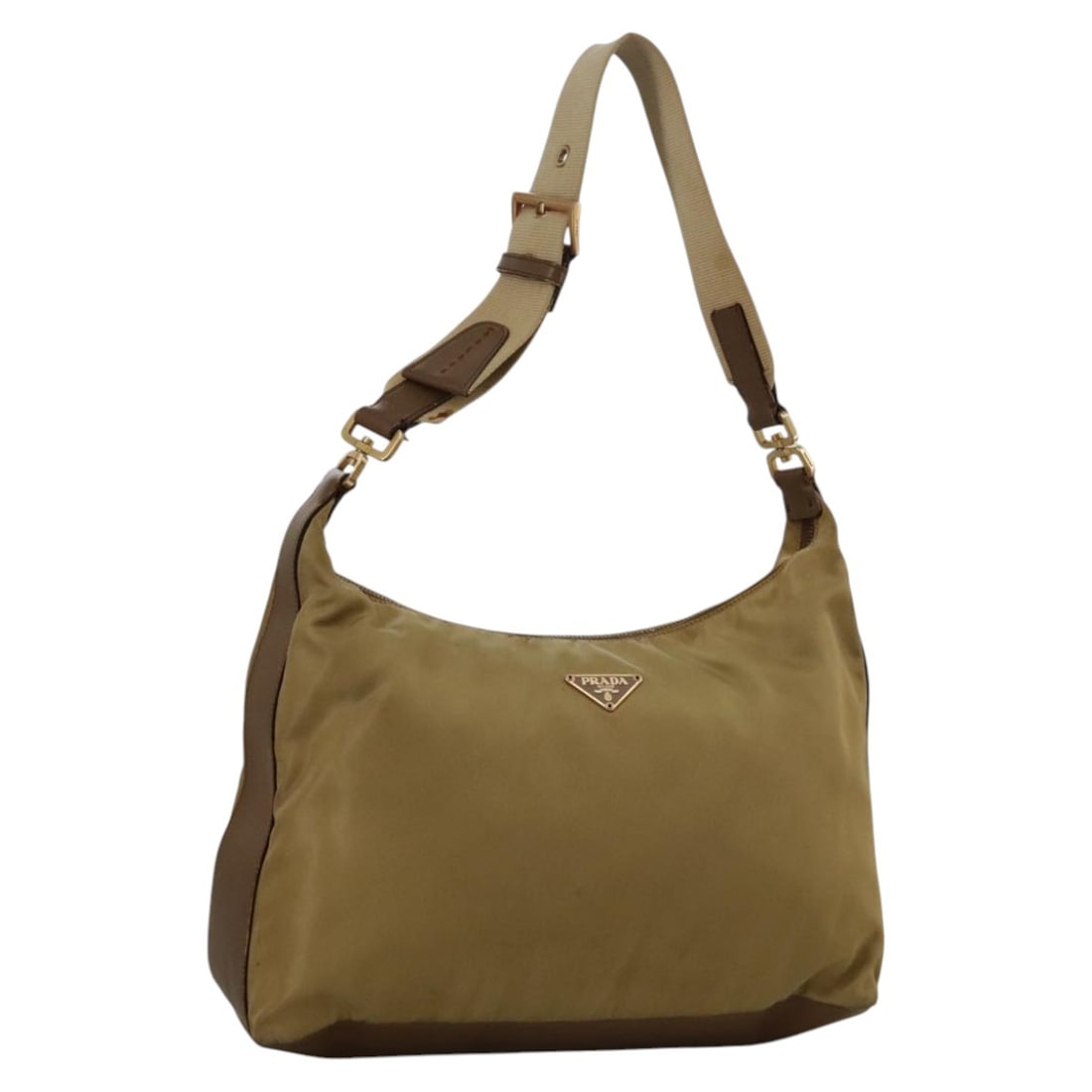 PRADA Beige Gold Nylon Shoulder Bag Made in Italy Auth: PRADA Beige Gold Nylon Shoulder Bag Made in Italy Auth This authentic PRADA shoulder bag is crafted in Italy from durable nylon in a sophisticated beige and gold color scheme. Designed for both style