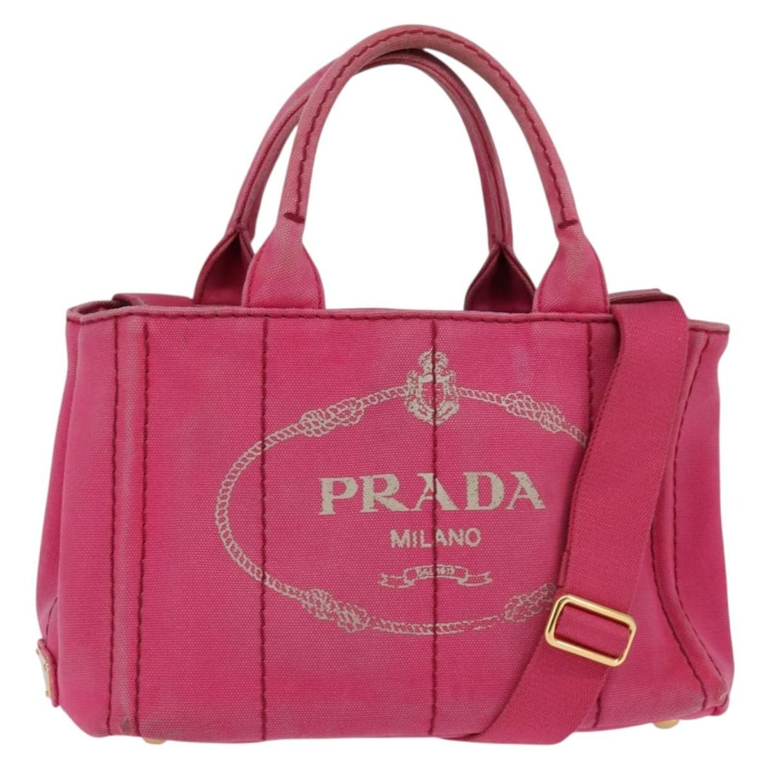 PRADA Canapa PM Pink Gold Canvas Hand Bag 2way Italy Auth 140952: PRADA Canapa PM Pink Gold Canvas Hand Bag 2way Italy Auth 140952 Introducing the PRADA Canapa PM Hand Bag, an exquisite blend of style and functionality. Crafted from high-quality canvas in a stunning