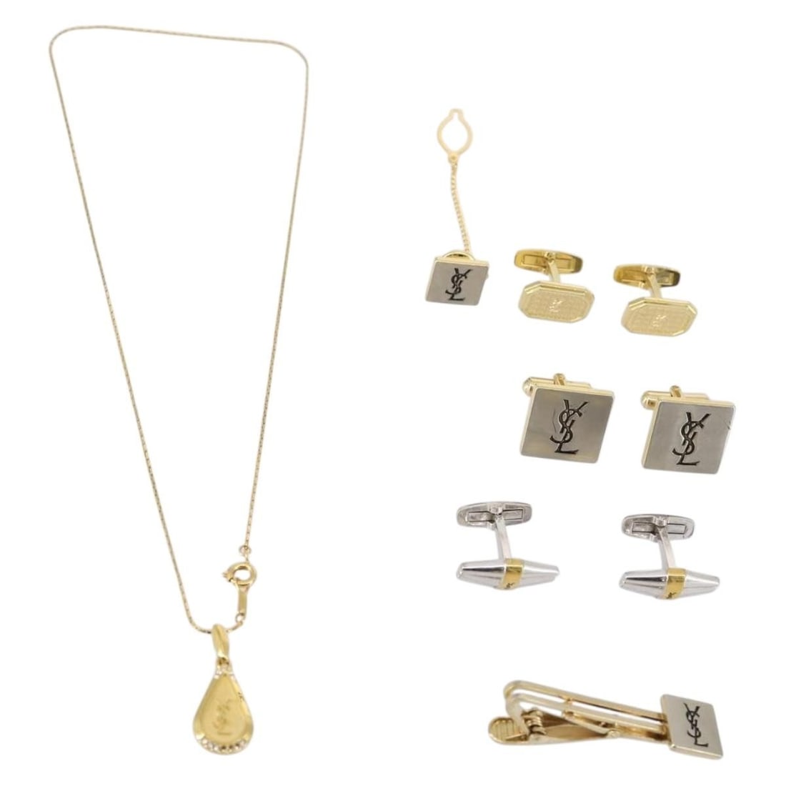 SAINT LAURENT Gold Silver Earring Set of 6 Authentic: SAINT LAURENT Gold Silver Earring Set of 6 Authentic This set of earrings from SAINT LAURENT features a stylish combination of gold and silver tones, crafted from durable metal. The earrings showcase