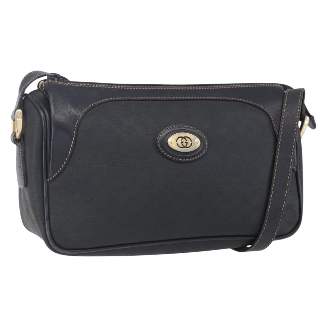 GUCCI Black Gold Micro GG Supreme Shoulder Bag PVC 001 37 0443 Auth: GUCCI Black Gold Micro GG Supreme Shoulder Bag PVC 001 37 0443 Auth This GUCCI Micro GG Supreme Shoulder Bag combines luxury and practicality with its stylish PVC leather exterior in a sleek black and