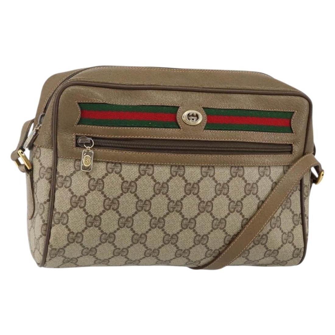 GUCCI GG Supreme Sherry Line Beige Gold Shoulder Bag PVC Auth BA6080: GUCCI GG Supreme Sherry Line Beige Gold Shoulder Bag PVC Auth BA6080 Introducing the GUCCI GG Supreme Web Sherry Line Shoulder Bag, a sophisticated accessory crafted from durable PVC leather. This sty