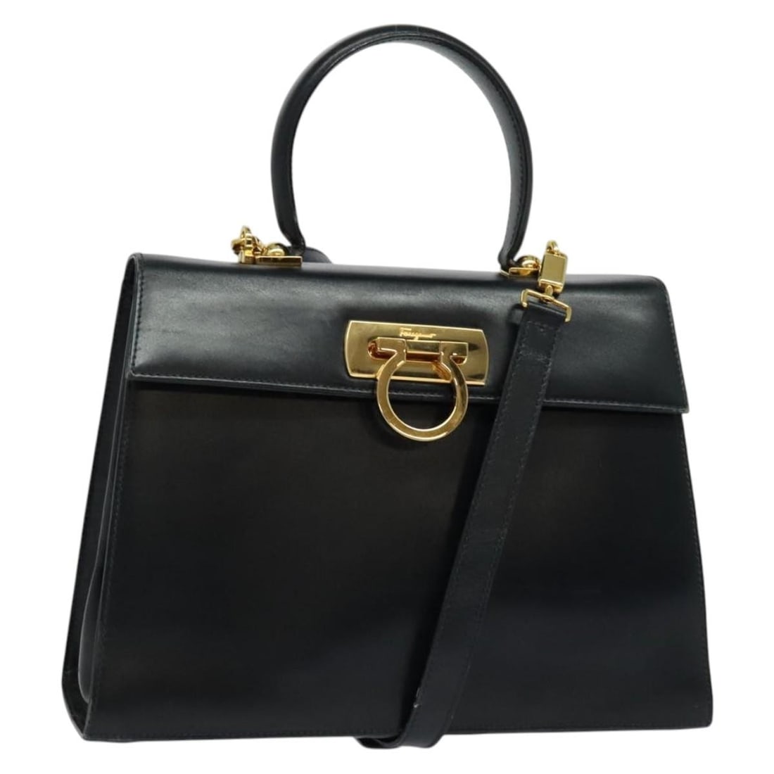 Salvatore Ferragamo Gancini Black Gold Leather Hand Bag Auth 139351 (1 of 18)