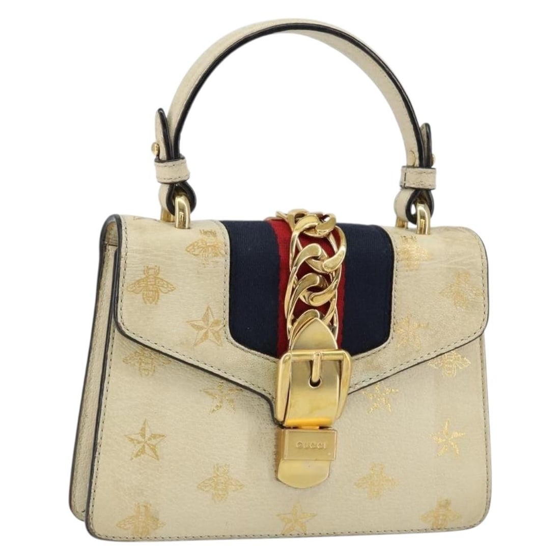 GUCCI Sherry Line Leather Hand Bag White Gold Navy 470270 Auth: GUCCI Sherry Line Leather Hand Bag White Gold Navy 470270 Auth Elevate your style with this authentic GUCCI Sherry Line Hand Bag. Crafted in Italy from premium leather, this handbag features a strikin