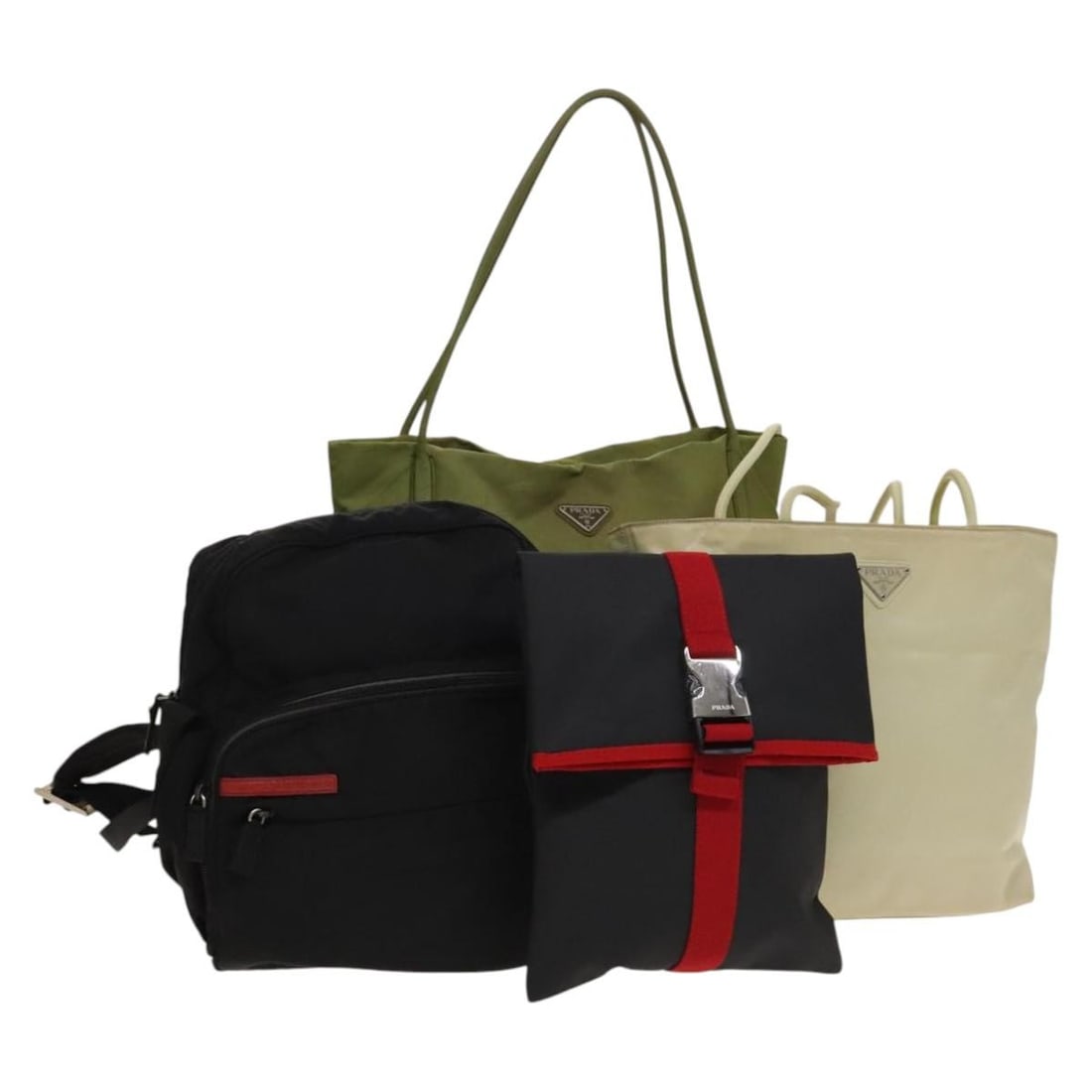 PRADA Nylon Tote Bag 4Set White Khaki Black Authentic: PRADA Nylon Tote Bag 4Set White Khaki Black Authentic This PRADA tote bag is a stylish and practical accessory crafted from durable nylon. It features a chic combination of white, khaki, and black col