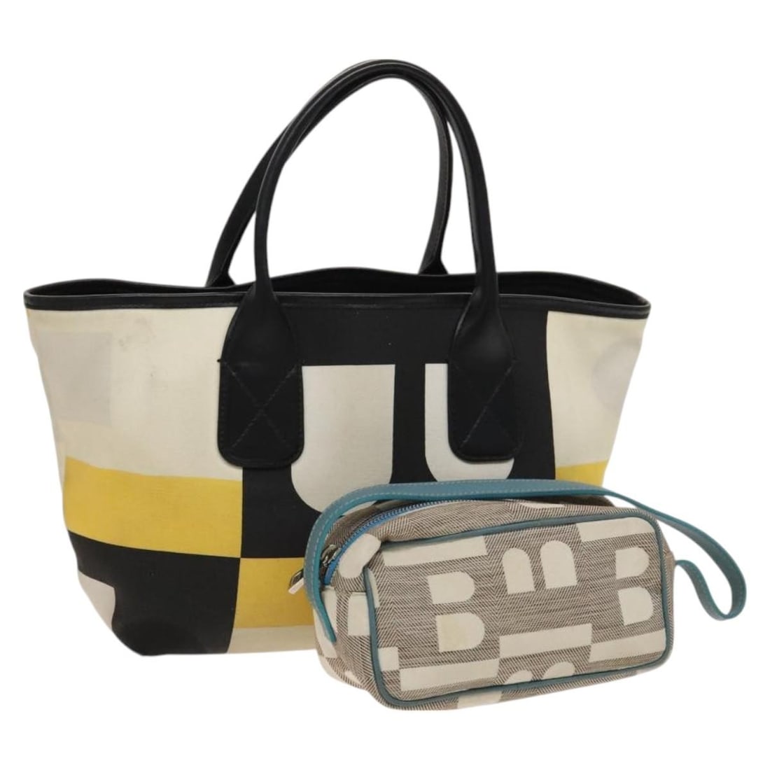 BALLY Canvas Hand Bag Set of 2 Beige Blue Yellow Auth: BALLY Canvas Hand Bag Set of 2 Beige Blue Yellow Auth This BALLY Hand Bag features a stylish blend of beige, blue, and yellow canvas, making it a vibrant addition to your accessory collection. Designe