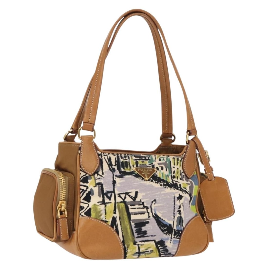 Prada Brown and Gold Canvas Shoulder Bag with Name Tag: Prada Brown and Gold Canvas Shoulder Bag with Name Tag This PRADA shoulder bag features a brown and gold canvas exterior with matching canvas shoulder straps. The bag includes a name tag accessory and