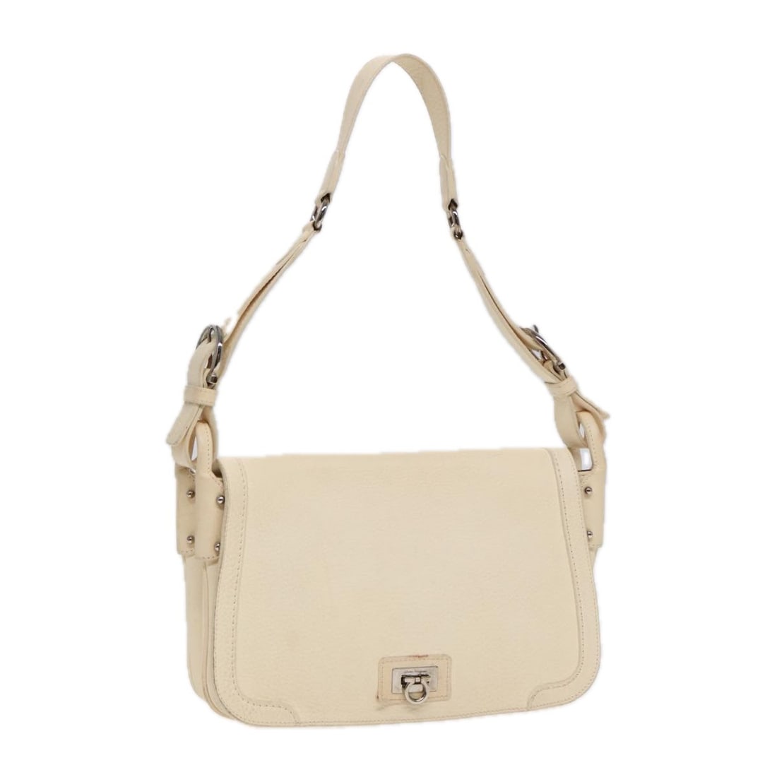 Salvatore Ferragamo Gancini Cream Silver Leather Shoulder Bag Auth Italy: Salvatore Ferragamo Gancini Cream Silver Leather Shoulder Bag Auth Italy This Salvatore Ferragamo Gancini Shoulder Bag is a stylish accessory crafted from high-quality leather in a sophisticated cream