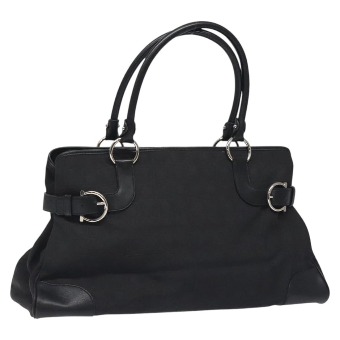Salvatore Ferragamo Gancini Hand Bag Black Silver Nylon Authentic: Salvatore Ferragamo Gancini Hand Bag Black Silver Nylon Authentic Elevate your style with the Salvatore Ferragamo Gancini Hand Bag. This elegant bag is crafted from durable nylon in a striking black a