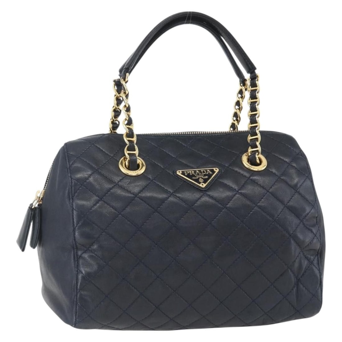 Navy Chain Strap Shoulder Bag by Prada: Navy Chain Strap Shoulder Bag by Prada This pre-owned Prada chain shoulder bag in navy is designed for women and offers a stylish yet practical accessory. It is in fair condition with noticeable signs