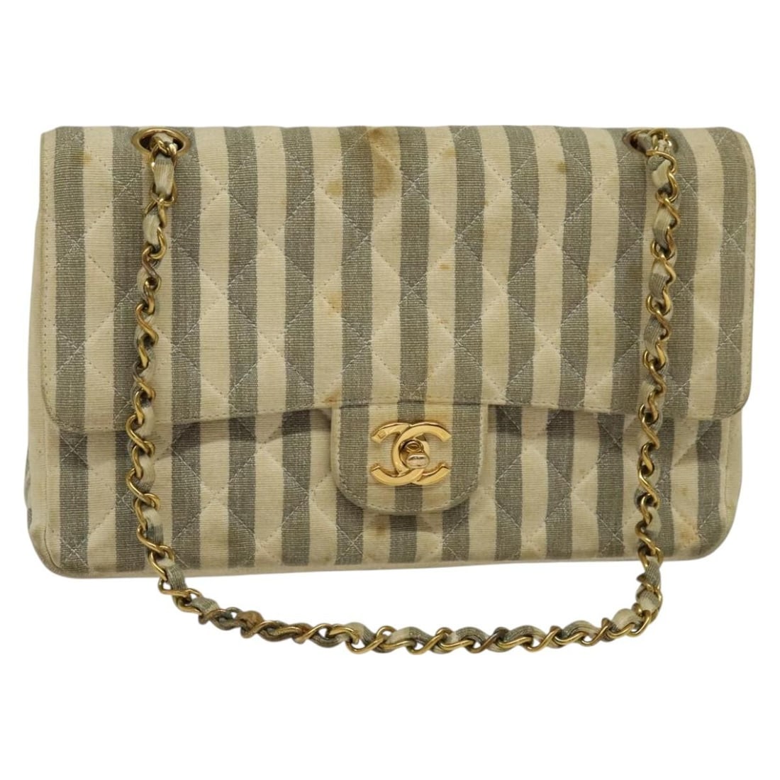 CHANEL Striped Matelasse Canvas Shoulder Bag White Gray Auth 127507: CHANEL Striped Matelasse Canvas Shoulder Bag White Gray Auth 127507 This CHANEL Striped Matelasse Chain Shoulder Bag showcases a chic design in a stylish white and gray canvas. Crafted in France, it f