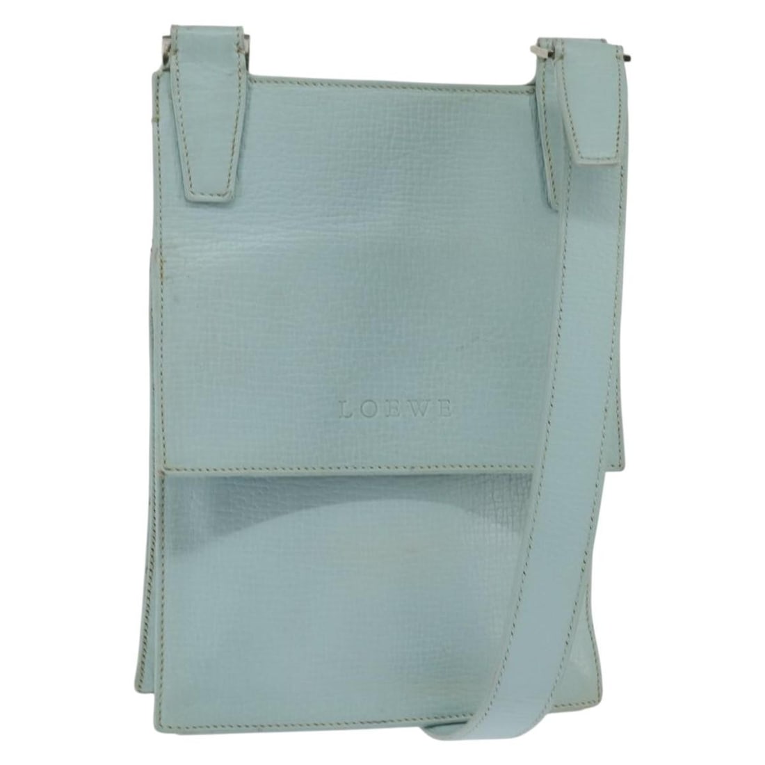 LOEWE Light Blue Leather Shoulder Bag Made in Spain: LOEWE Light Blue Leather Shoulder Bag Made in Spain This authentic LOEWE shoulder bag showcases exquisite craftsmanship, originating from Spain. Crafted from premium leather, it features a striking li