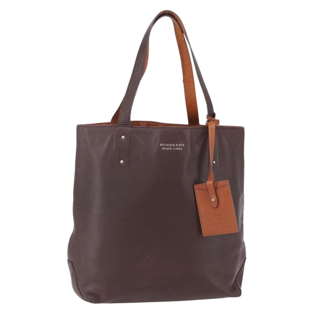 BURBERRY Black Label Brown Leather Tote Bag with Silver Accents: BURBERRY Black Label Brown Leather Tote Bag with Silver Accents This Burberry Black Label Tote Bag is a stylish and functional accessory made from high-quality leather in a rich brown and silver color