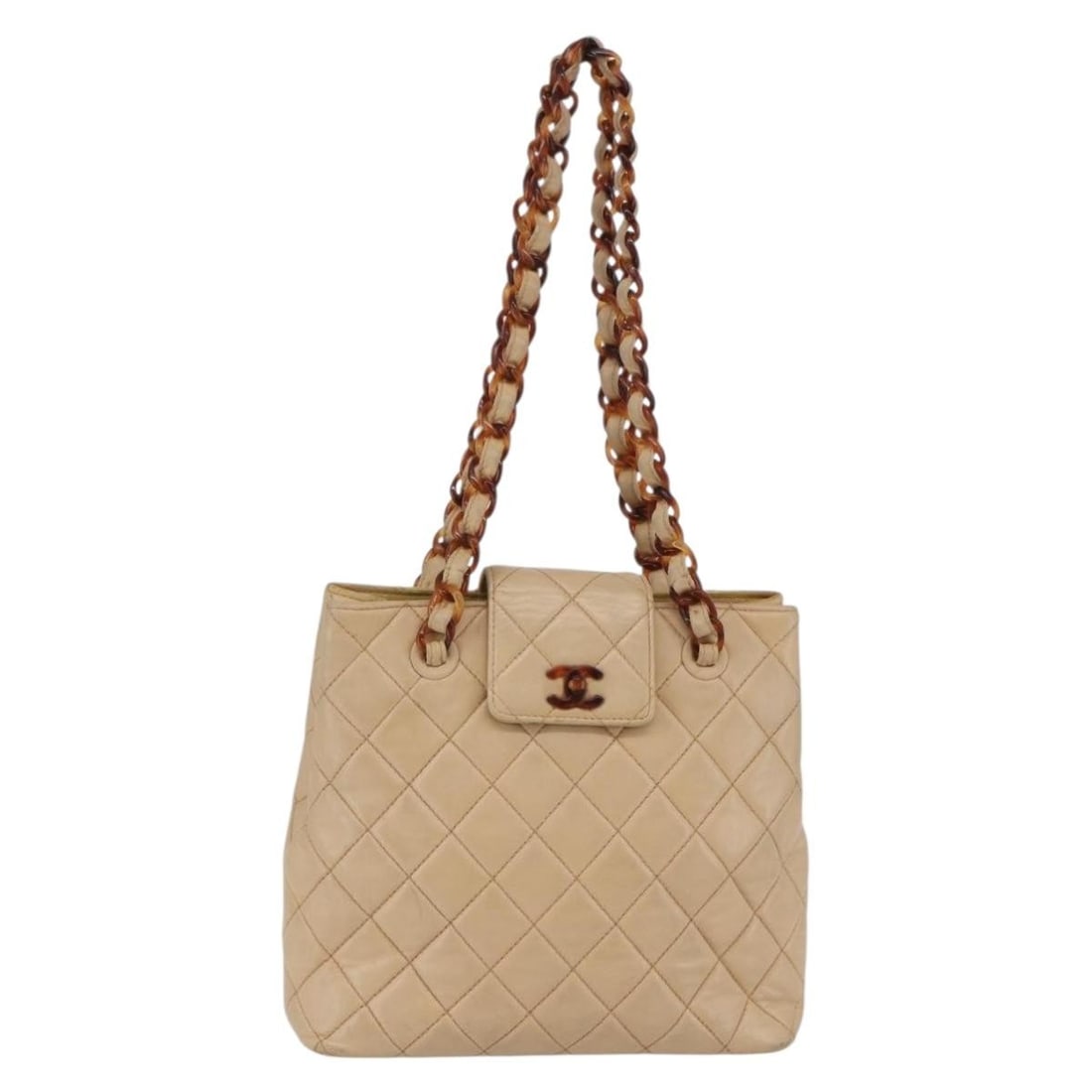 CHANEL Matelasse Shoulder Bag Beige Lamb Skin Auth BA6358: CHANEL Matelasse Shoulder Bag Beige Lamb Skin Auth BA6358 This elegant CHANEL Matelasse Shoulder Bag is crafted from luxurious lambskin in a sophisticated beige color. It features a classic quilted de
