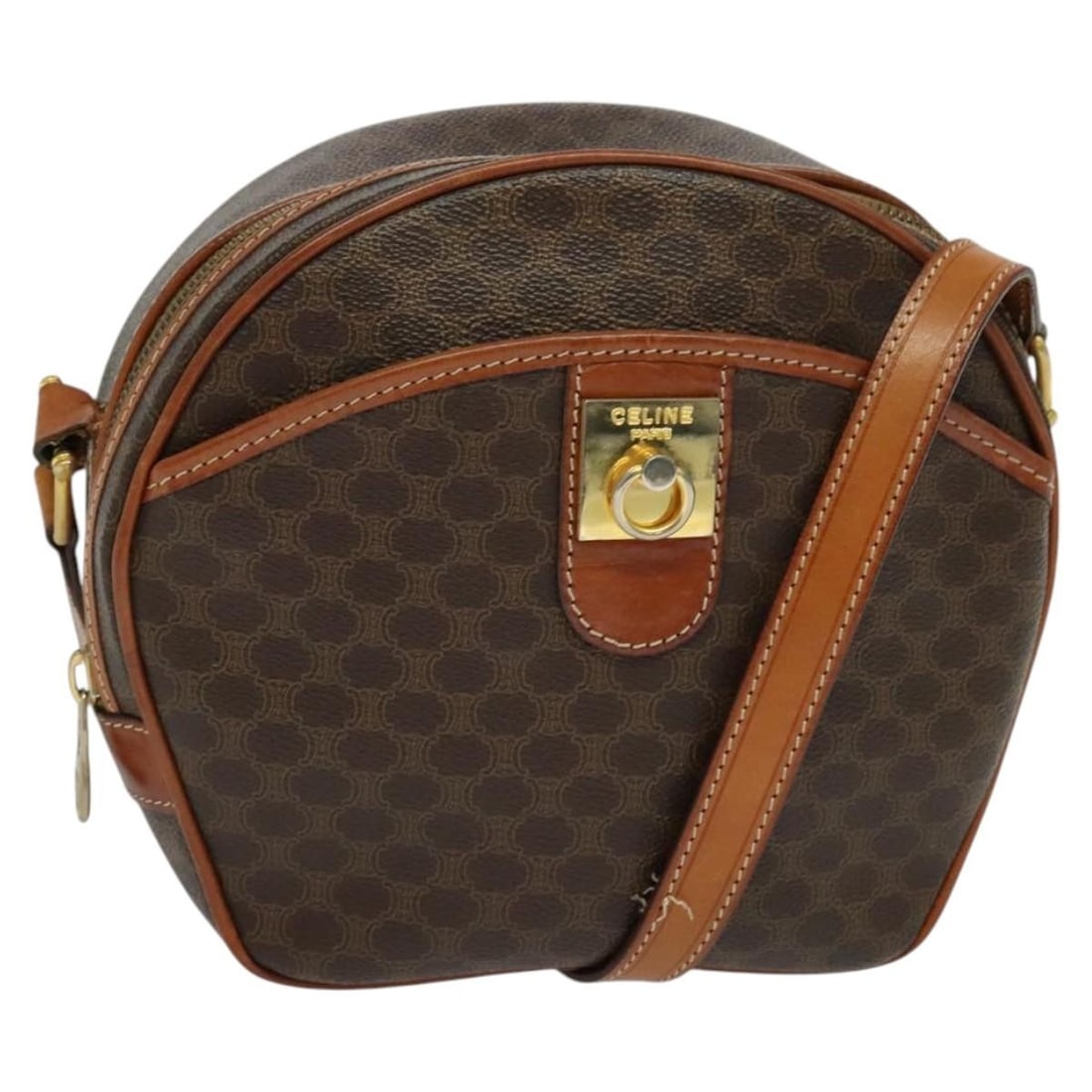 CELINE Macadam Canvas Brown Gold Shoulder Bag PVC Leather Italy: CELINE Macadam Canvas Brown Gold Shoulder Bag PVC Leather Italy This CELINE Macadam Canvas Shoulder Bag combines a stylish design with practical features. Crafted from durable PVC leather and adorned