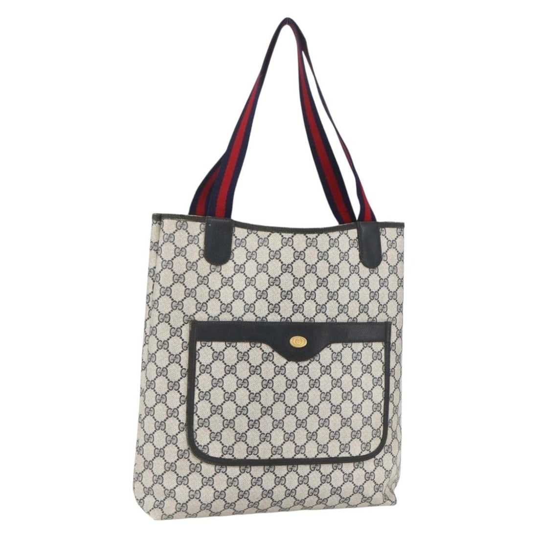 GUCCI GG Supreme Tote Bag Navy Gold PVC 904 02 003 Auth: GUCCI GG Supreme Tote Bag Navy Gold PVC 904 02 003 Auth Introducing the GUCCI GG Supreme Sherry Line Tote Bag, a stylish accessory crafted in Italy. This tote bag features a luxurious blend of PVC lea