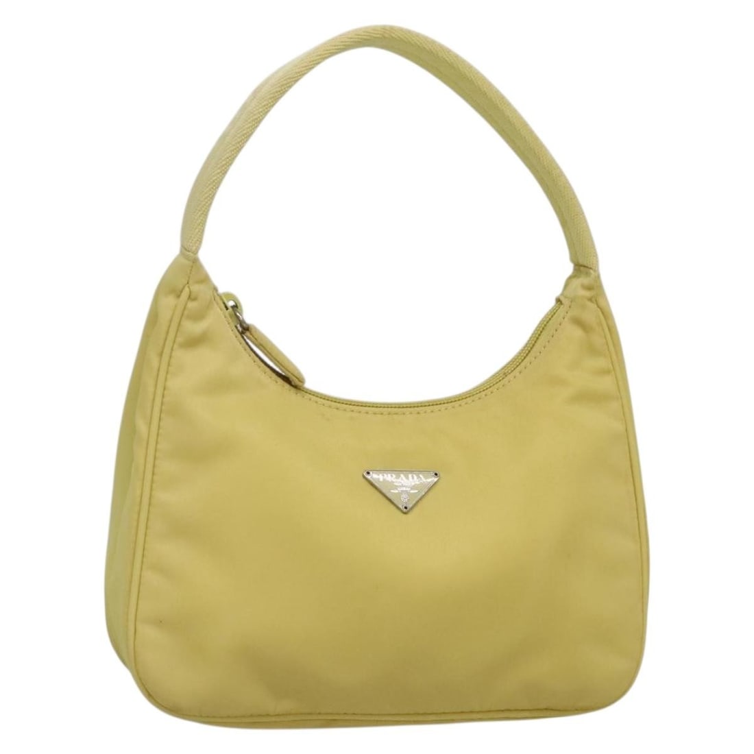 PRADA Yellow Gold Nylon Accessory Pouch with Mirror Auth 139939: PRADA Yellow Gold Nylon Accessory Pouch with Mirror Auth 139939 This PRADA Accessory Pouch is crafted from durable nylon in a striking yellow and gold color. Measuring approximately 8.3 inches in leng