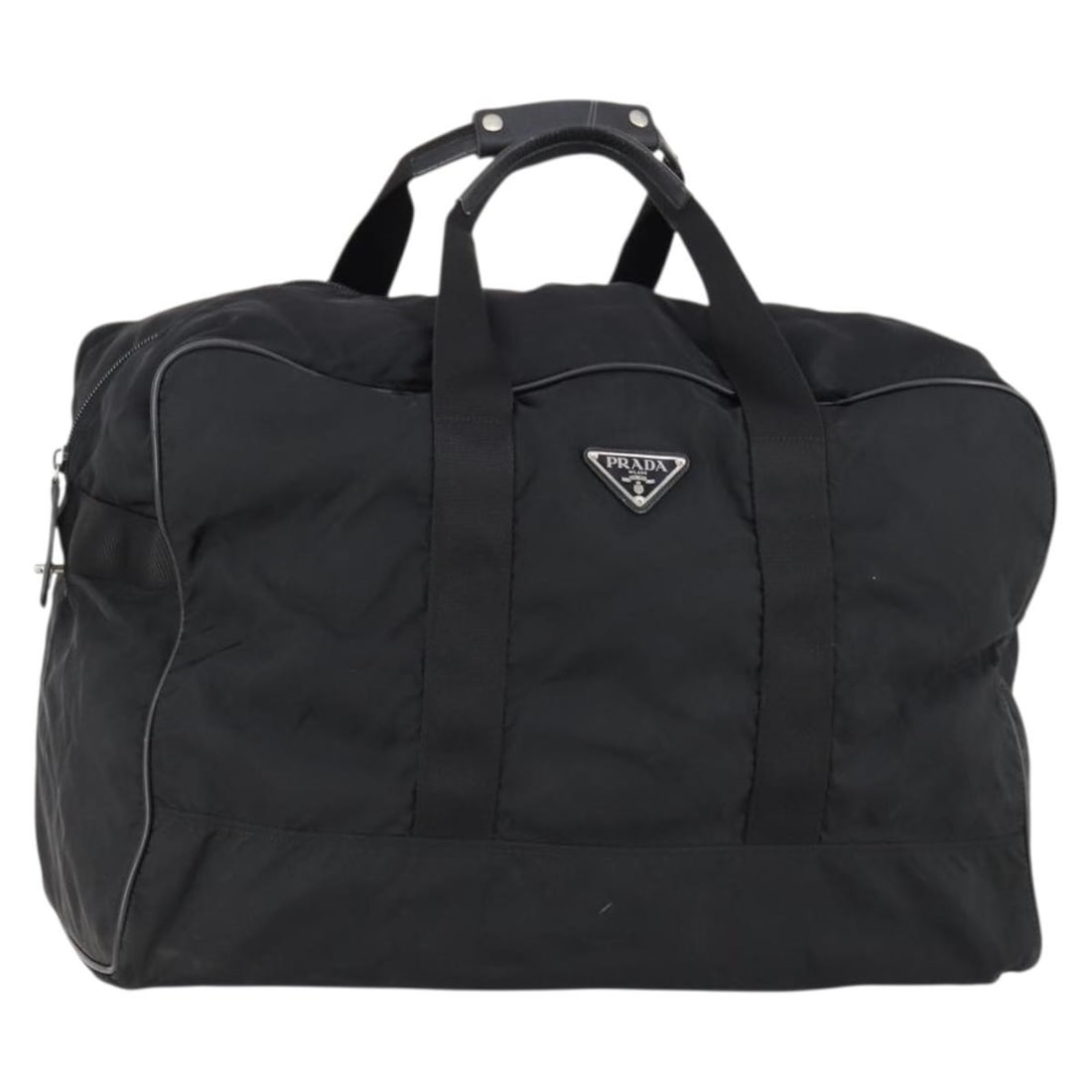 PRADA Black Nylon Boston Bag 2-Way with Silver Accents Auth 152736: PRADA Black Nylon Boston Bag 2-Way with Silver Accents Auth 152736 Introducing the PRADA Boston Bag, a stylish blend of practicality and luxury. Crafted in Italy from durable nylon, this bag features