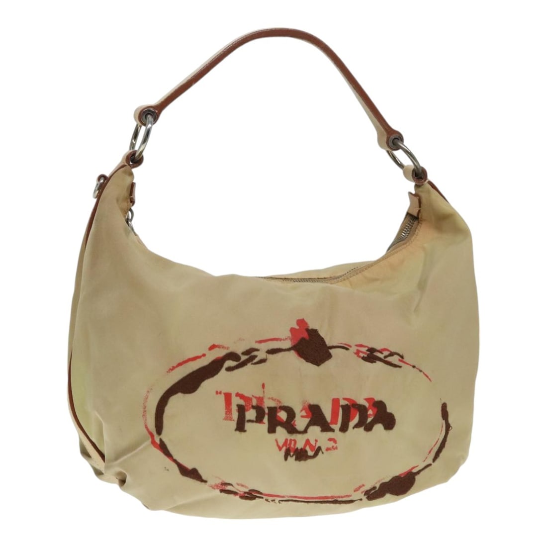 Authentic PRADA Beige Silver Nylon Shoulder Bag Made in Italy: Authentic PRADA Beige Silver Nylon Shoulder Bag Made in Italy This PRADA shoulder bag combines stylish design with functional materials. Crafted from durable nylon in a sophisticated beige and silver