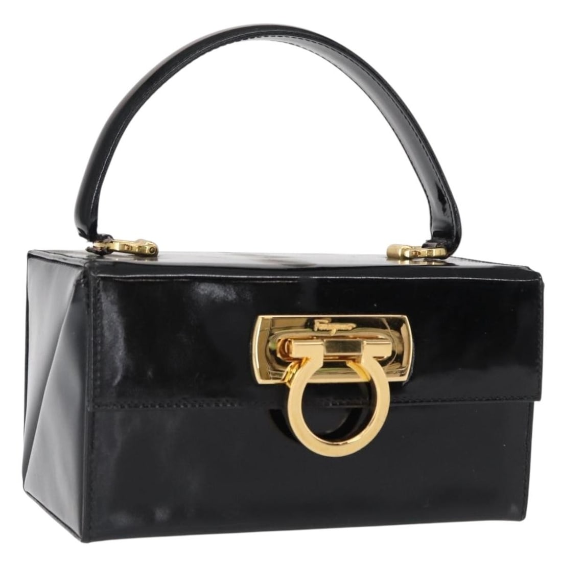 Salvatore Ferragamo Gancini Hand Bag Black Gold Enamel Auth 156968: Salvatore Ferragamo Gancini Hand Bag Black Gold Enamel Auth 156968 This exquisite Salvatore Ferragamo Gancini Hand Bag features a striking black and gold enamel exterior that exudes elegance. Crafted