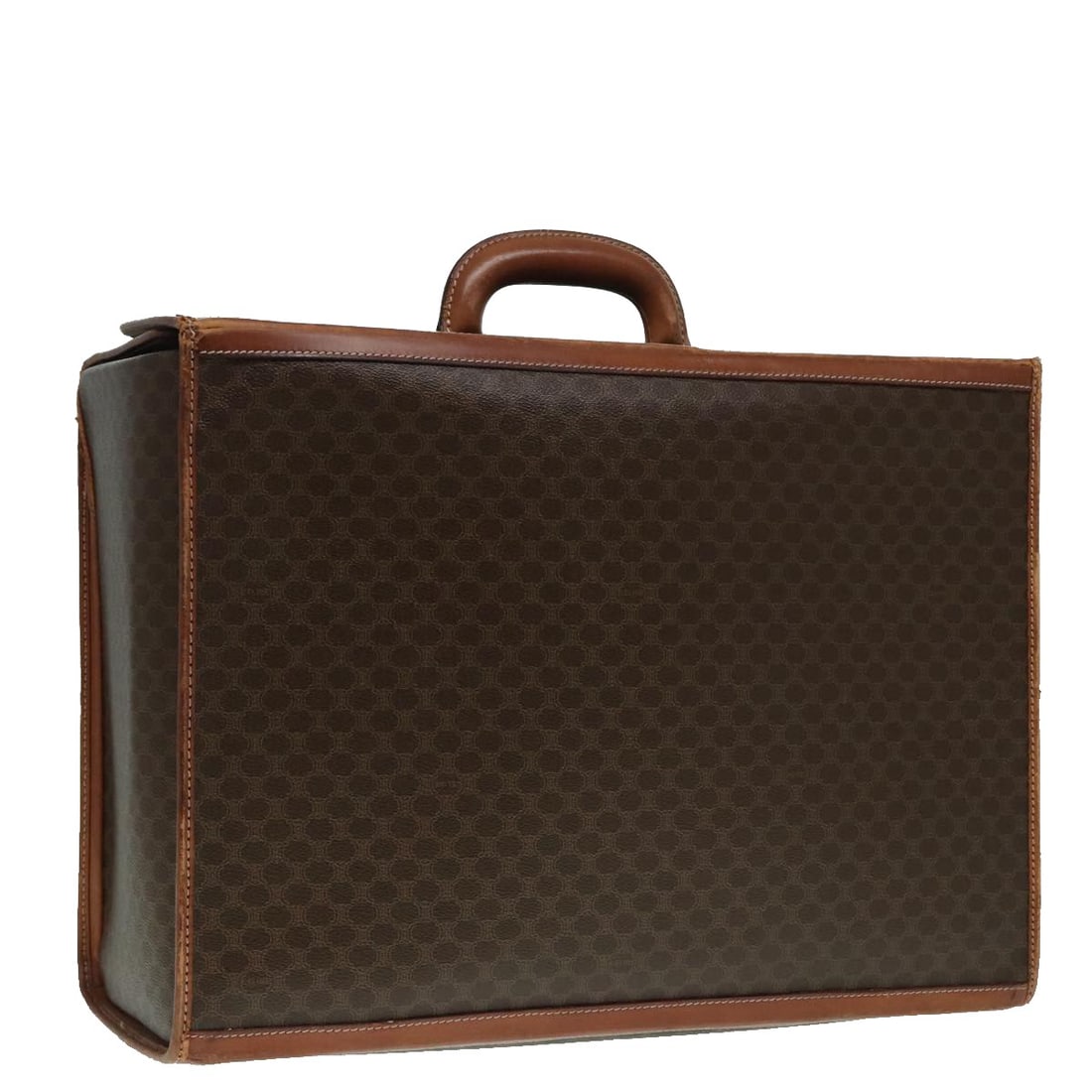 CELINE Gold Brown PVC Leather Macadam Canvas Trunk Authentic 92361: CELINE Gold Brown PVC Leather Macadam Canvas Trunk Authentic 92361 This Celine Macadam Canvas Trunk is a stylish accessory crafted from durable PVC leather in an elegant gold and brown color combinati