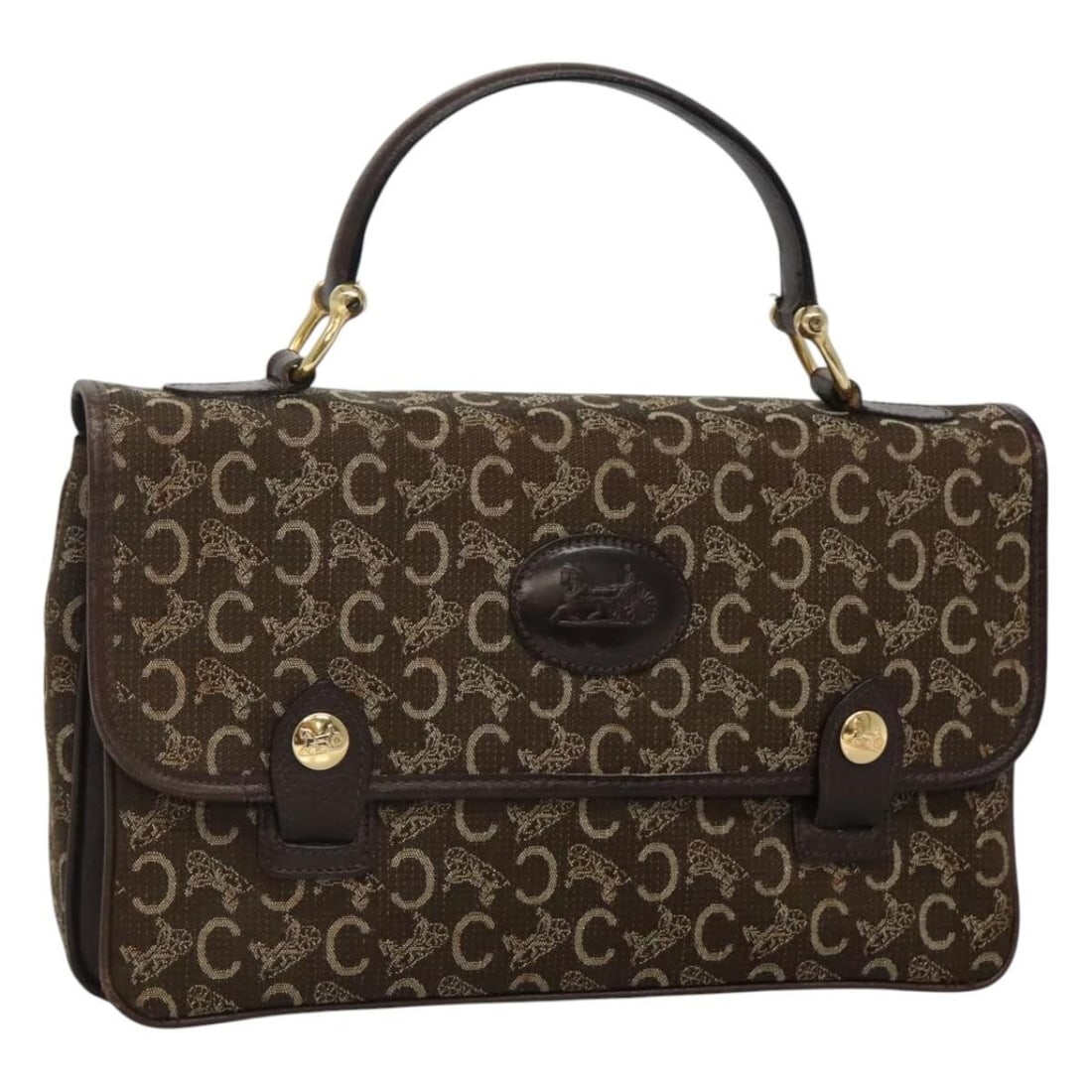 CELINE C Sulky Hand Bag Brown Gold Macadam Canvas Italy: CELINE C Sulky Hand Bag Brown Gold Macadam Canvas Italy This CELINE C Sulky Hand Bag offers a luxurious blend of style and functionality. Crafted in Italy, this handbag features a sophisticated brown