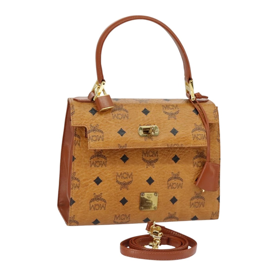 MCM Vicetos brown handbag for women: MCM Vicetos brown handbag for women This pre-owned MCM Vicetos bag in brown displays notable signs of wear, including exterior rubbing, stains, slight loss of shape, and a storage odor. The interior a