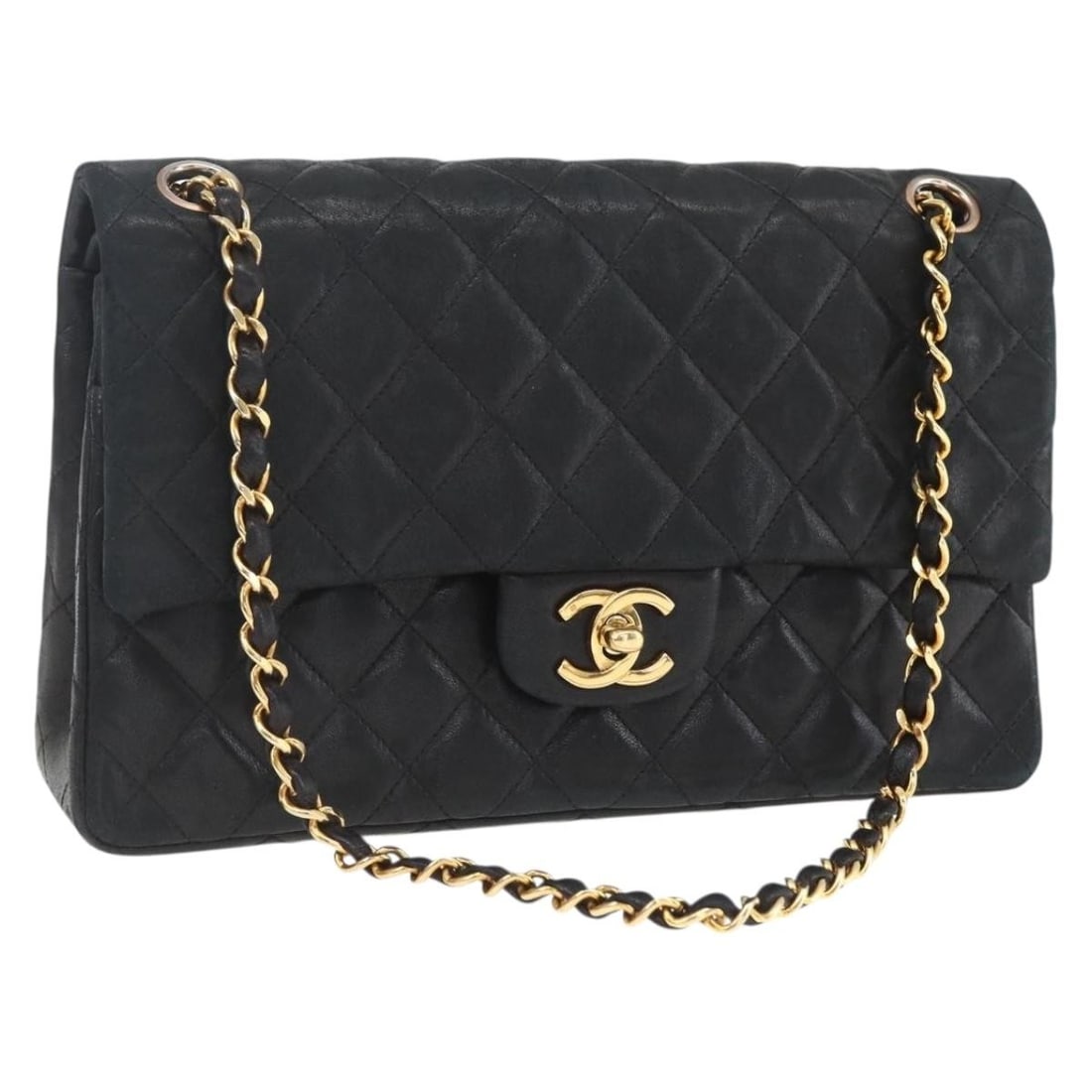CHANEL Matelasse 25 Vintage Lamb Skin Shoulder Bag Black Gold Auth (1 of 18)