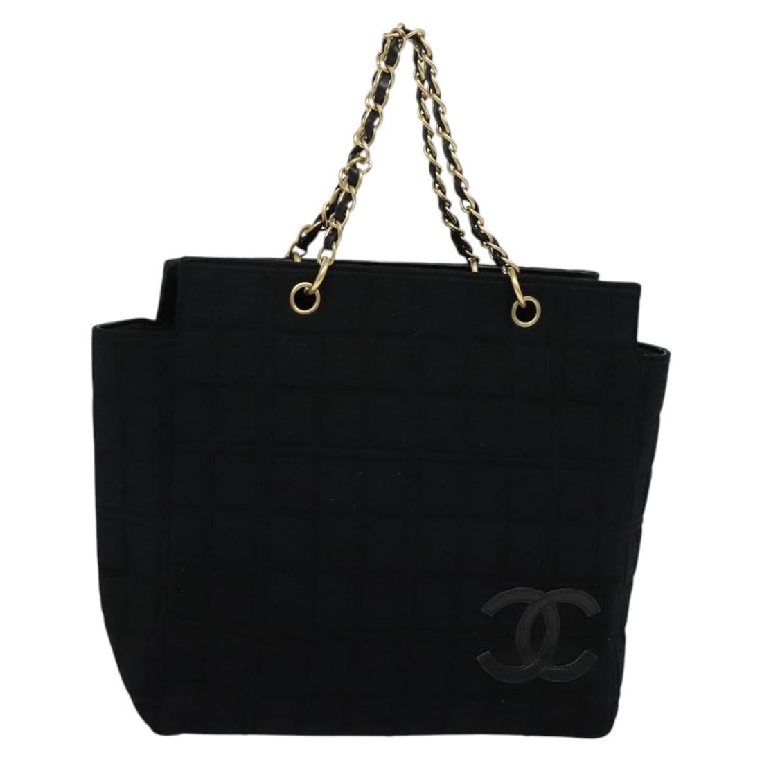 CHANEL Black Gold Cotton Chain Tote Bag Auth Italy: CHANEL Black Gold Cotton Chain Tote Bag Auth Italy This elegant CHANEL Chain Tote Bag combines style and functionality. Crafted in Italy, this tote features a chic black and gold cotton exterior, maki