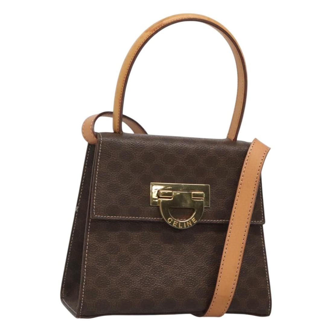 CELINE Macadam Canvas 2-Way Hand Bag Brown Gold PVC Leather Auth (1 of 18)