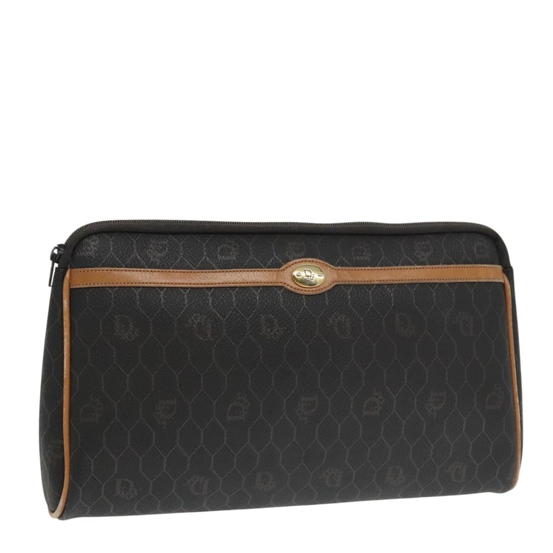 Christian Dior Honeycomb Canvas Clutch Bag PVC Black Brown Gold Made in France: Christian Dior Honeycomb Canvas Clutch Bag PVC Black Brown Gold Made in France This Christian Dior Honeycomb Canvas Clutch Bag is a sophisticated accessory, crafted from durable PVC leather in a strik