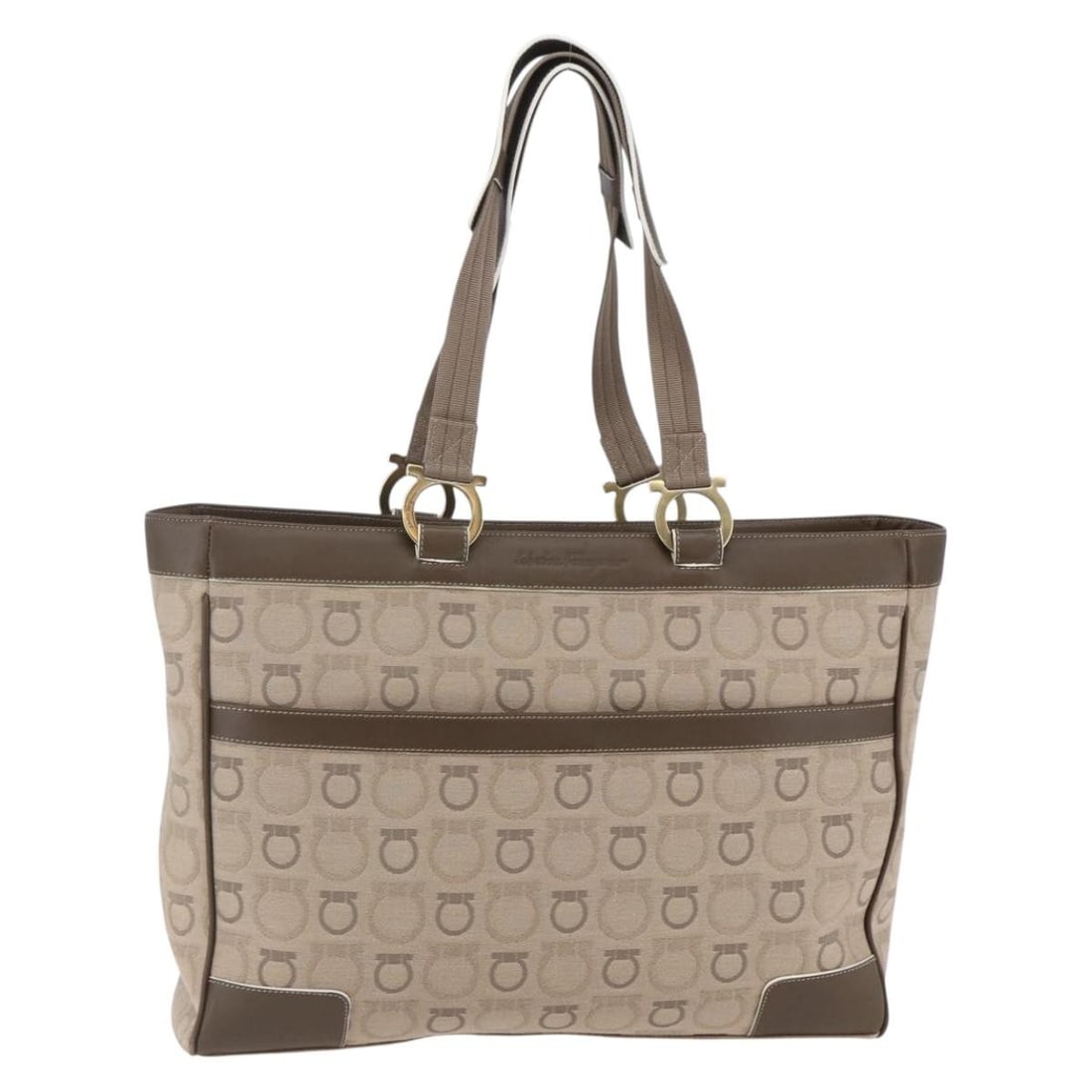 Salvatore Ferragamo Gancini Leather Canvas Tote Bag Beige Gold Auth BA5709: Salvatore Ferragamo Gancini Leather Canvas Tote Bag Beige Gold Auth BA5709 This Salvatore Ferragamo Gancini Tote Bag is a stylish accessory crafted from premium leather and canvas, featuring a sophist
