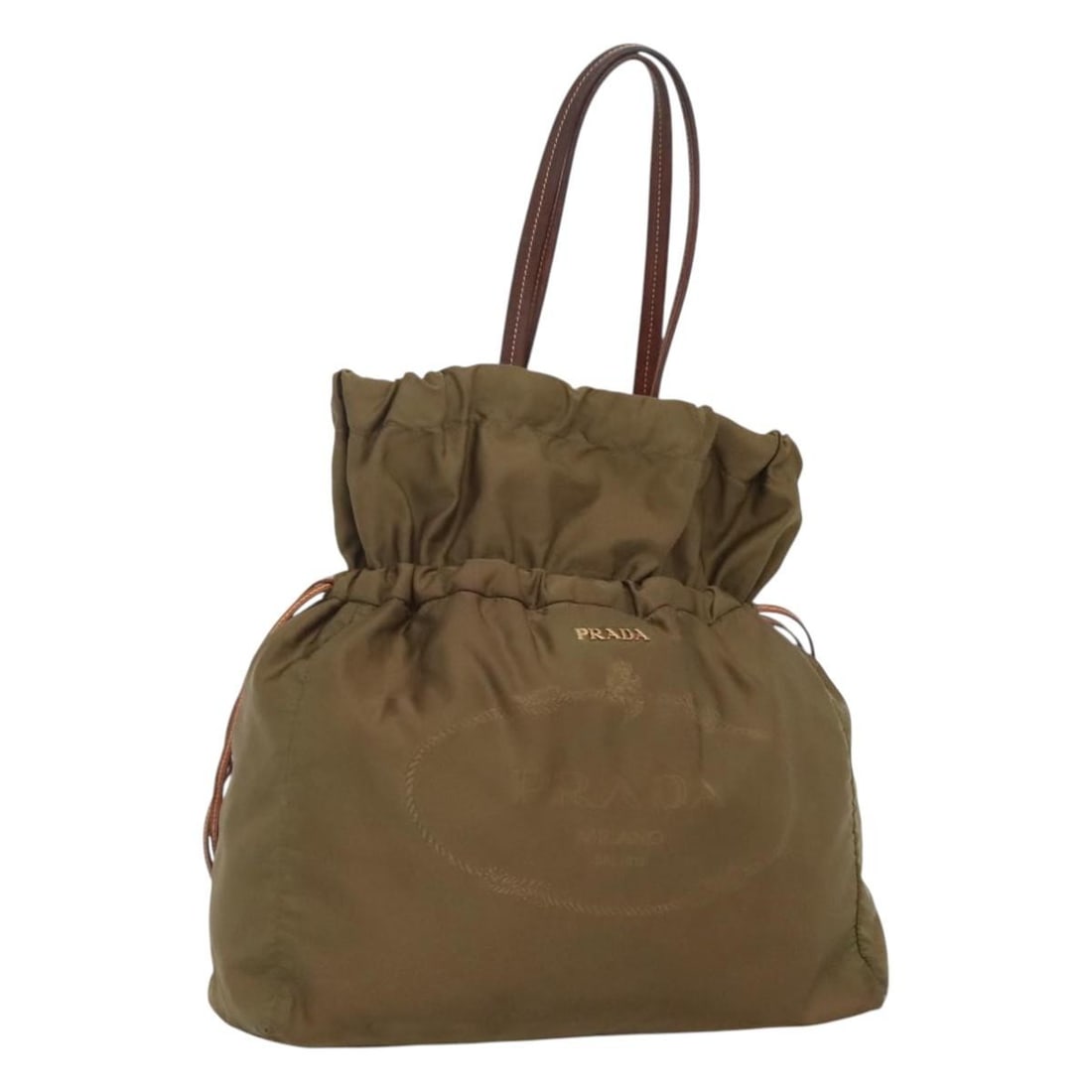 PRADA Khaki Gold Nylon Shoulder Bag Made in Italy: PRADA Khaki Gold Nylon Shoulder Bag Made in Italy This PRADA shoulder bag combines functionality with a stylish flair. Crafted from durable nylon, it features a sophisticated khaki and gold exterior,