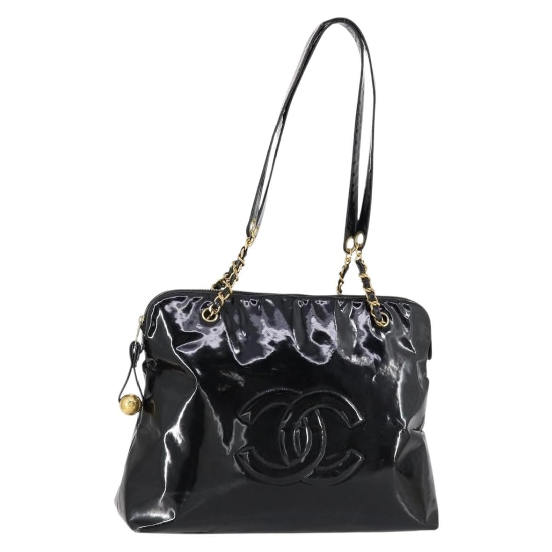 CHANEL Coco Mark Chain Shoulder Bag Black Gold Patent Leather Auth 152898: CHANEL Coco Mark Chain Shoulder Bag Black Gold Patent Leather Auth 152898 This CHANEL COCO Mark Chain Shoulder Bag is a stunning accessory that combines elegance and functionality. Crafted in Italy fr