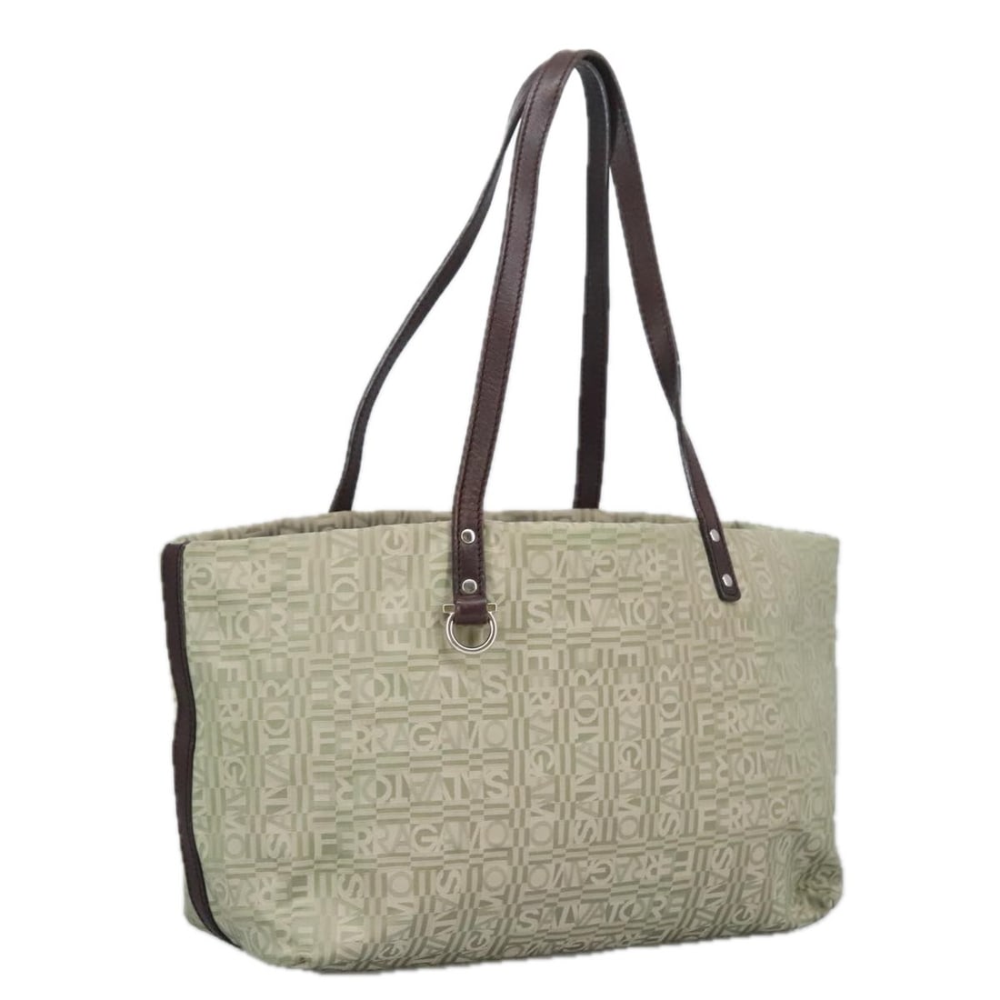Salvatore Ferragamo Gancini Canvas Tote Bag Green Brown Silver Made in Italy: Salvatore Ferragamo Gancini Canvas Tote Bag Green Brown Silver Made in Italy Discover the timeless elegance of this Salvatore Ferragamo Gancini Tote Bag, crafted in Italy. This stylish tote features a