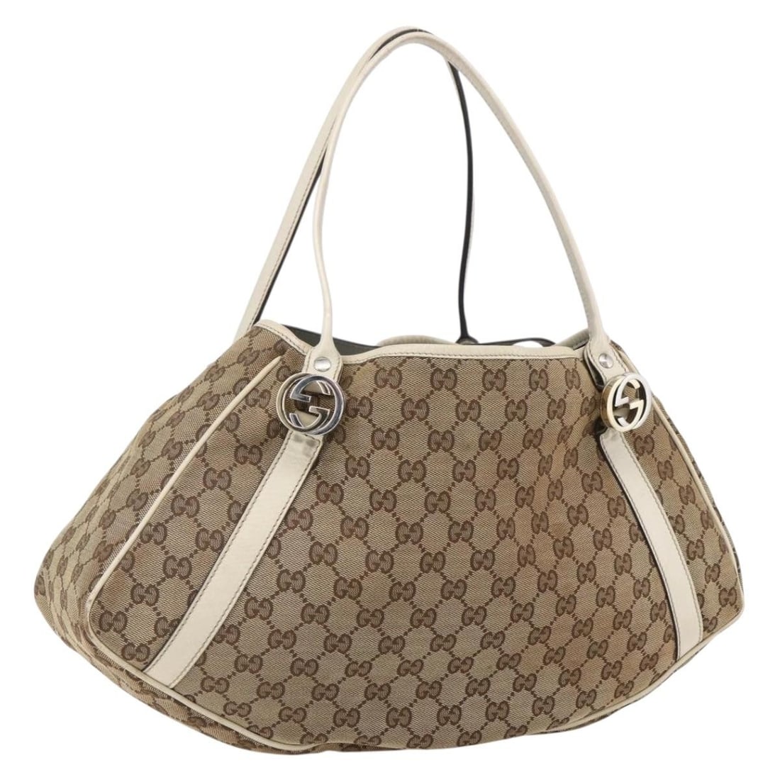 Beige Silver GG Canvas Twins Handbag by Gucci Model 232963: Beige Silver GG Canvas Twins Handbag by Gucci Model 232963 This is a Gucci GG Twins handbag crafted from GG canvas in beige and silver tones. Made in Italy, the bag features dual top handles and silve