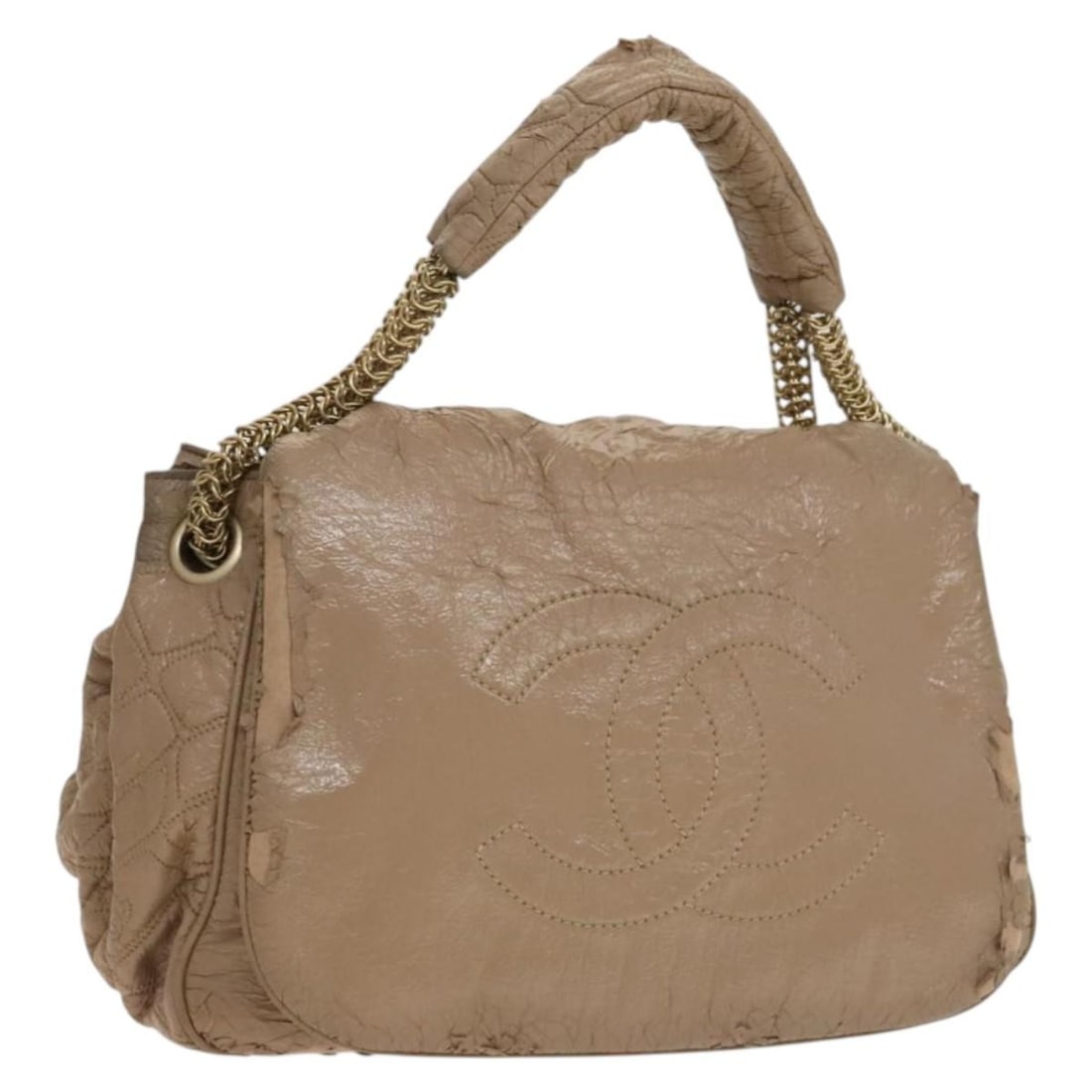 CHANEL Beige Gold Chain Shoulder Bag Coated Canvas Auth 133615: CHANEL Beige Gold Chain Shoulder Bag Coated Canvas Auth 133615 This CHANEL Chain Shoulder Bag is crafted from high-quality coated canvas in a sophisticated beige and gold color scheme. Designed for bo