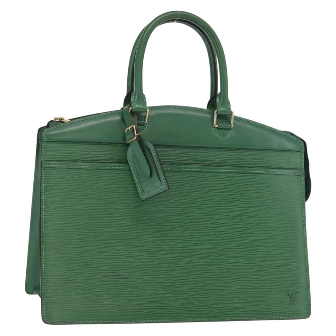 Green Epi Leather Riviera Handbag by Louis Vuitton M48184 with Name Tag: Green Epi Leather Riviera Handbag by Louis Vuitton M48184 with Name Tag This is a Louis Vuitton Riviera handbag crafted from green Epi leather. The bag features dual top handles, a structured silhouet
