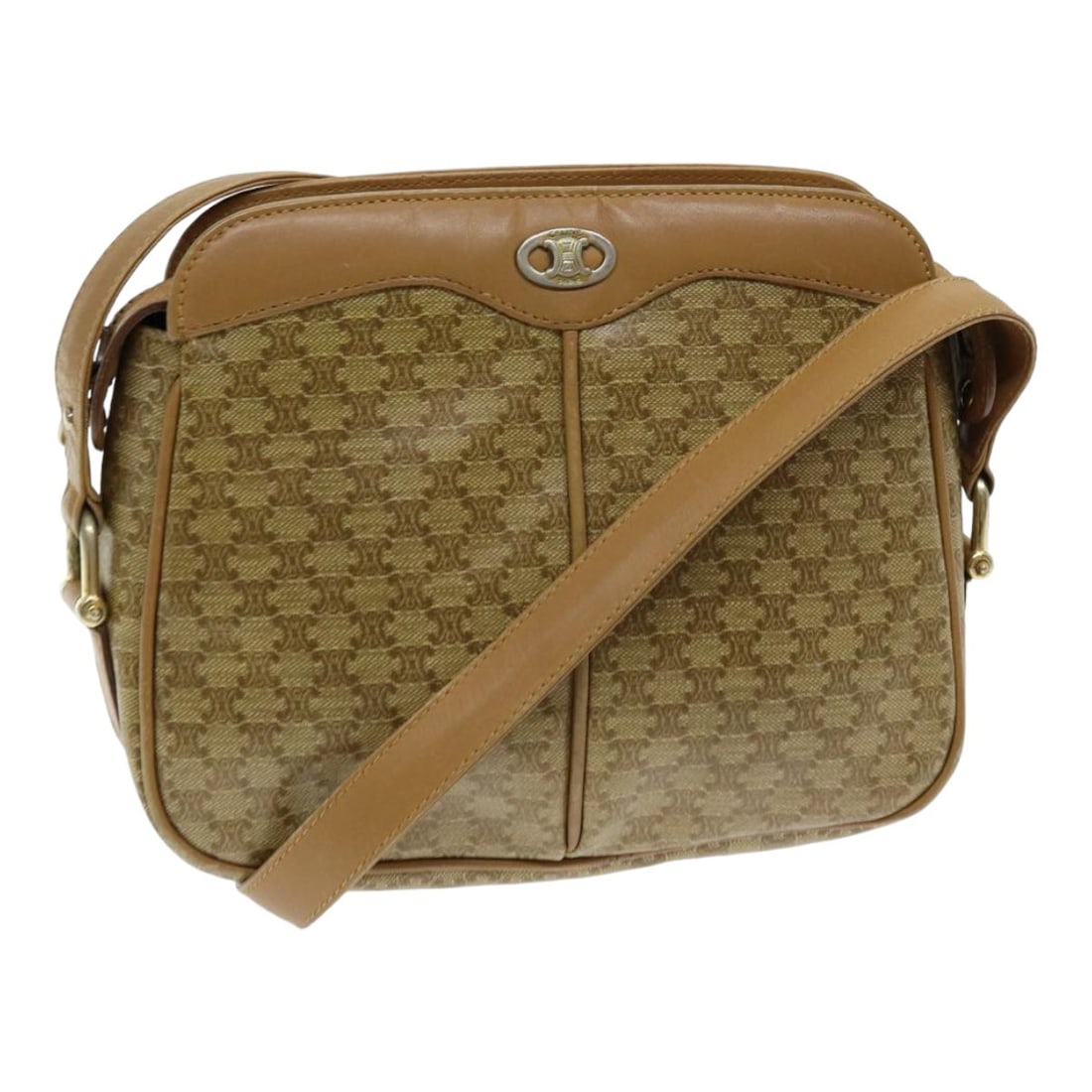 CELINE Beige Macadam Canvas Shoulder Bag Adjustable Strap: CELINE Beige Macadam Canvas Shoulder Bag Adjustable Strap This authentic CELINE Macadam Canvas Shoulder Bag features a stylish beige exterior, perfect for everyday use. Crafted from durable Macadam Ca