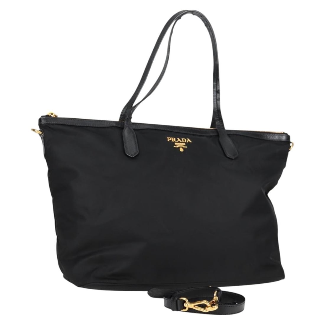 PRADA Nylon Tote Bag Black Gold 2way Authentic Made in Italy: PRADA Nylon Tote Bag Black Gold 2way Authentic Made in Italy This PRADA tote bag is a stylish and functional accessory made from durable nylon. Featuring a chic black and gold color scheme, this bag m