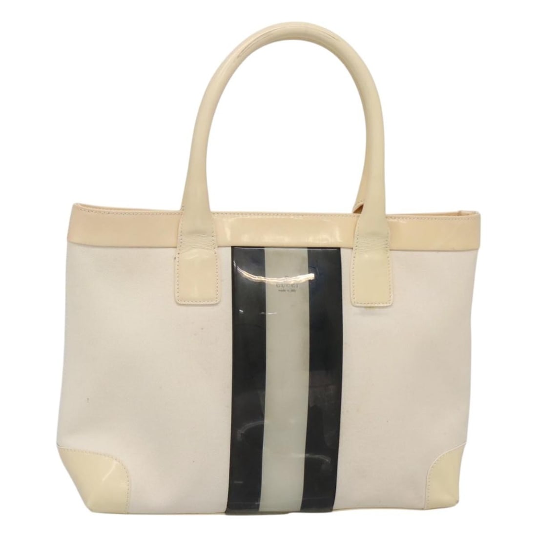 GUCCI Sherry Line Canvas Hand Bag White Black Made in Italy: GUCCI Sherry Line Canvas Hand Bag White Black Made in Italy This authentic GUCCI Sherry Line Hand Bag showcases a chic design crafted from durable canvas in a stylish white and black color scheme. Mea