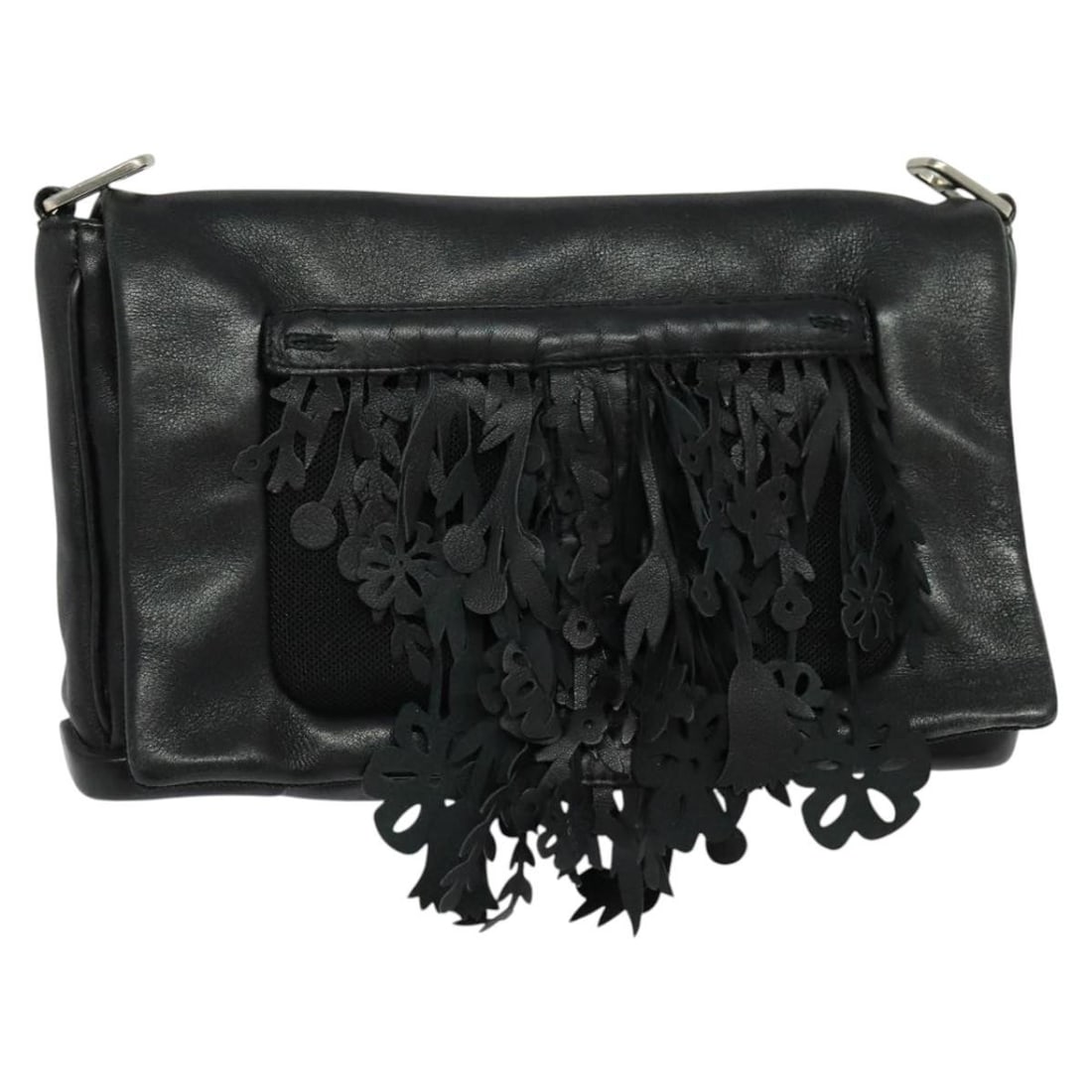 PRADA Black Leather Shoulder Bag Silver Accents Auth Italy: PRADA Black Leather Shoulder Bag Silver Accents Auth Italy This authentic PRADA shoulder bag is crafted from high-quality leather in a striking black and silver color combination. With dimensions of a