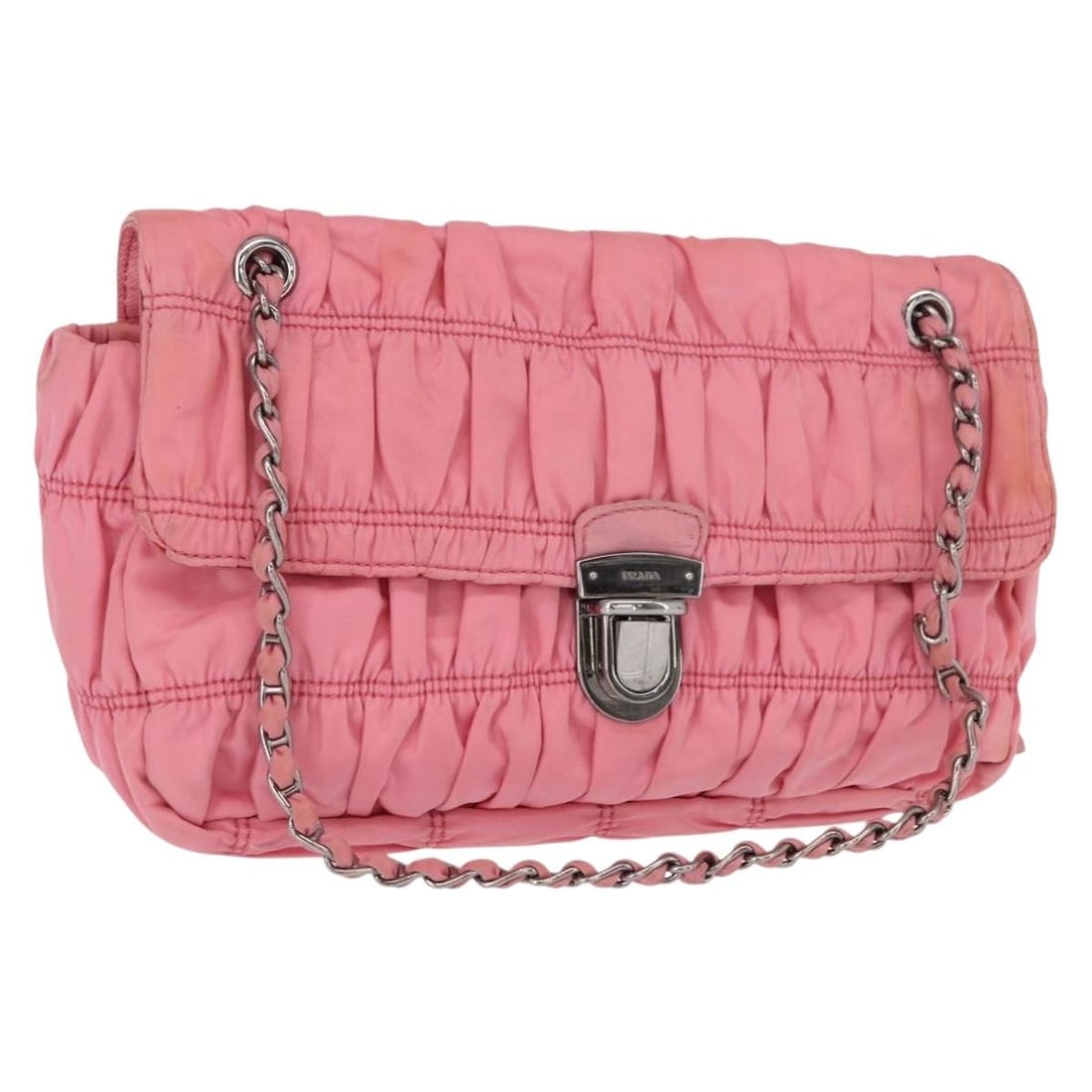 Pink Nylon PRADA Shoulder Bag with Silver Chain Accent: Pink Nylon PRADA Shoulder Bag with Silver Chain Accent This is a PRADA gathered chain shoulder bag crafted from pink nylon with silver-tone accents. The bag features an adjustable chain strap and a co