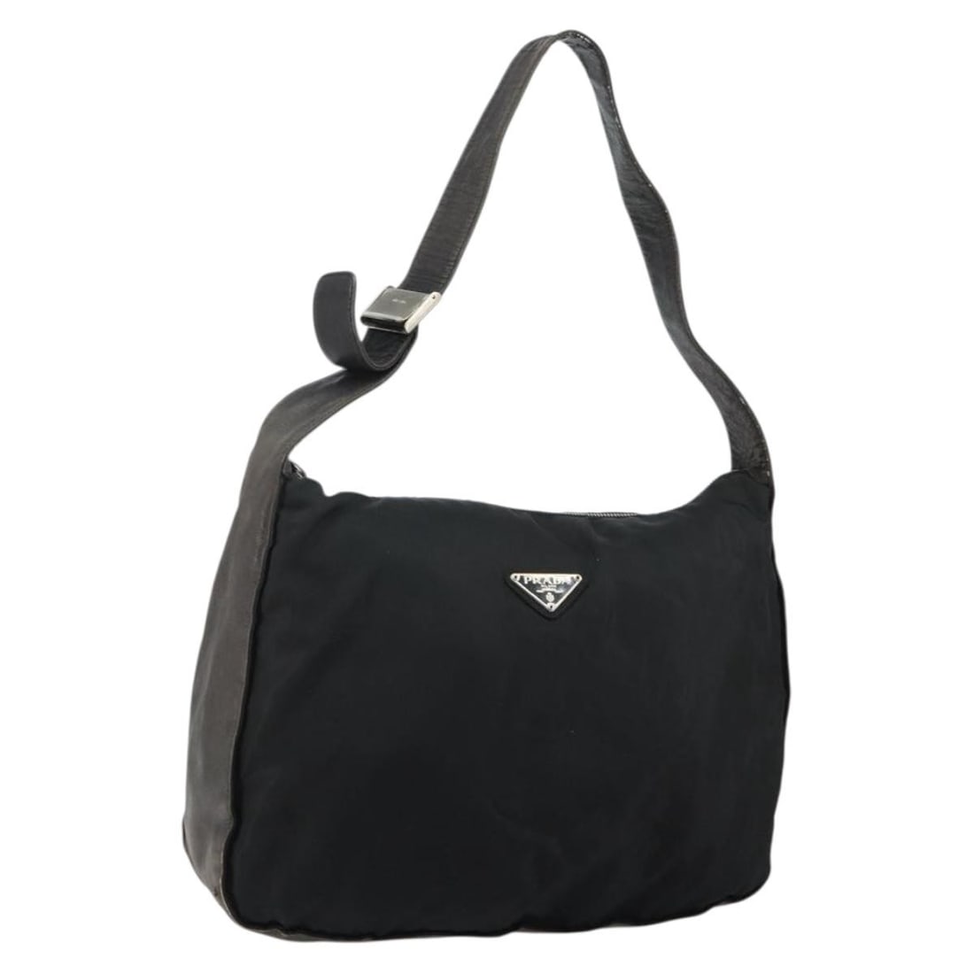 Black Nylon Prada Shoulder Bag with Silver Detail Made in Italy: Black Nylon Prada Shoulder Bag with Silver Detail Made in Italy This PRADA shoulder bag features a black nylon exterior with silver-tone accents. Designed for everyday use, it offers ample space with
