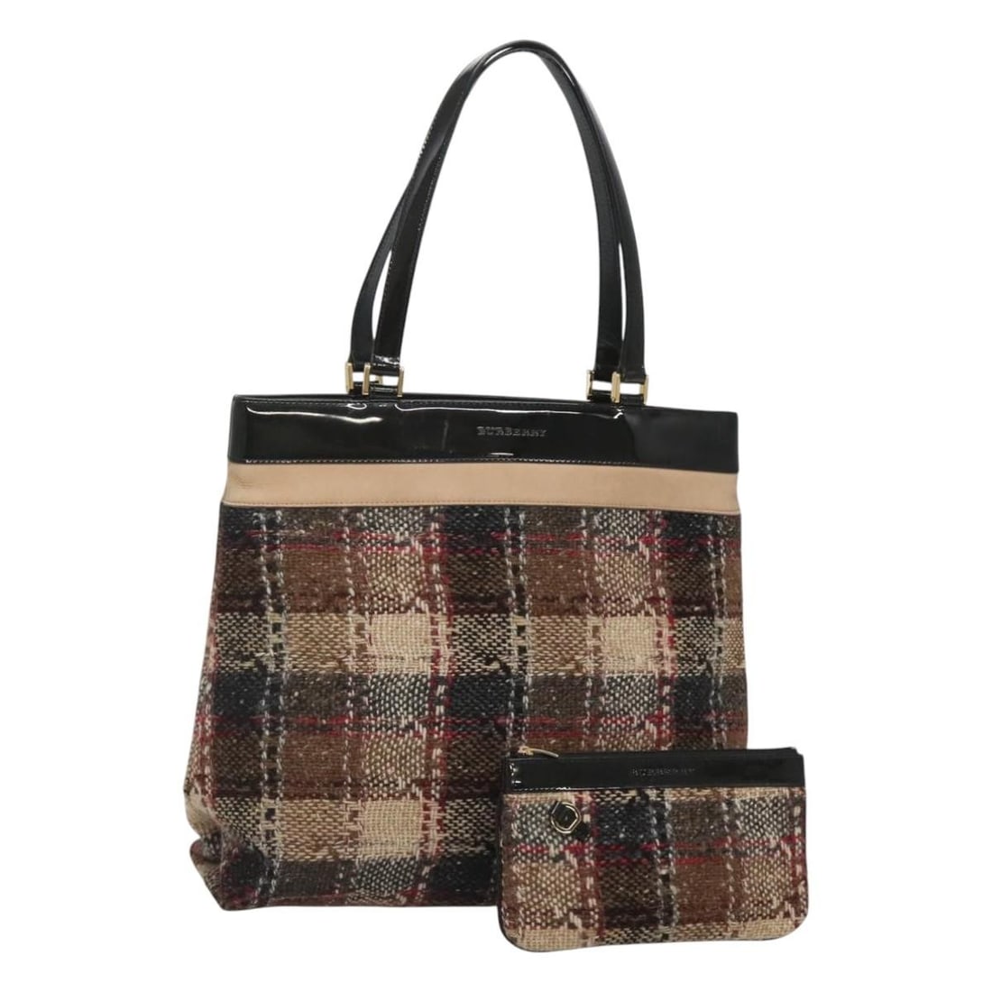 BURBERRY Nova Check Wool Tote Bag Beige Gold with Pouch: BURBERRY Nova Check Wool Tote Bag Beige Gold with Pouch This authentic Burberry Nova Check Tote Bag combines elegance and functionality, featuring a chic beige and gold wool exterior. Its spacious des