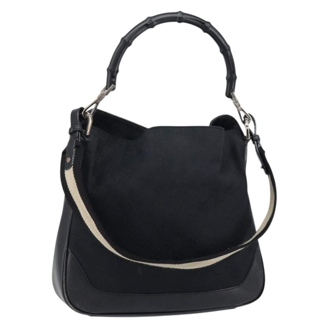 GUCCI GG Canvas 2Way Bamboo Shoulder Bag Black Silver 001 4095 Auth: GUCCI GG Canvas 2Way Bamboo Shoulder Bag Black Silver 001 4095 Auth This GUCCI GG Canvas Bamboo Shoulder Bag features a sleek black and silver design, crafted from durable GG Canvas. Its dimensions ma