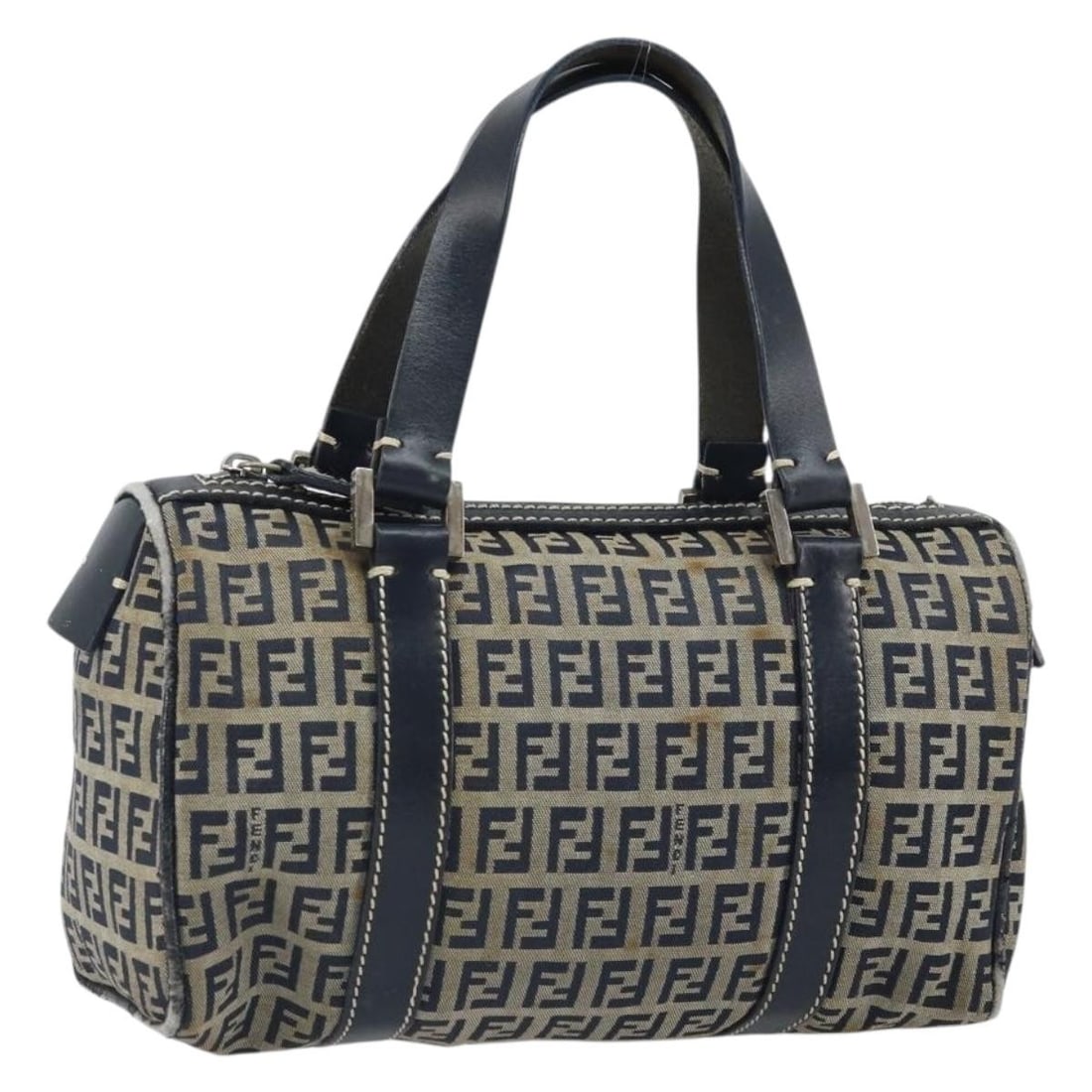 Fendi Navy Zucchino Canvas Tote with Silver Accents Made in Italy: Fendi Navy Zucchino Canvas Tote with Silver Accents Made in Italy This FENDI Zucchino Canvas Hand Bag features a navy and silver color scheme and is crafted from durable canvas material with the signa
