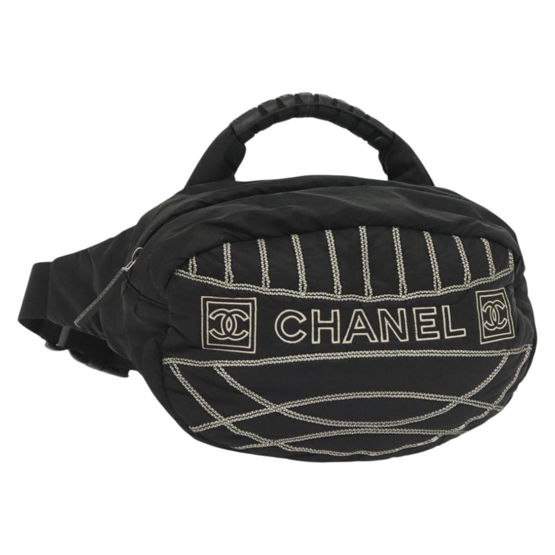 CHANEL Sports Line COCO Mark Black Silver Nylon Waist Bag Auth 141906: CHANEL Sports Line COCO Mark Black Silver Nylon Waist Bag Auth 141906 This CHANEL Sports Line COCO Mark Waist Bag combines functionality and style, crafted from durable nylon with a sleek black and si