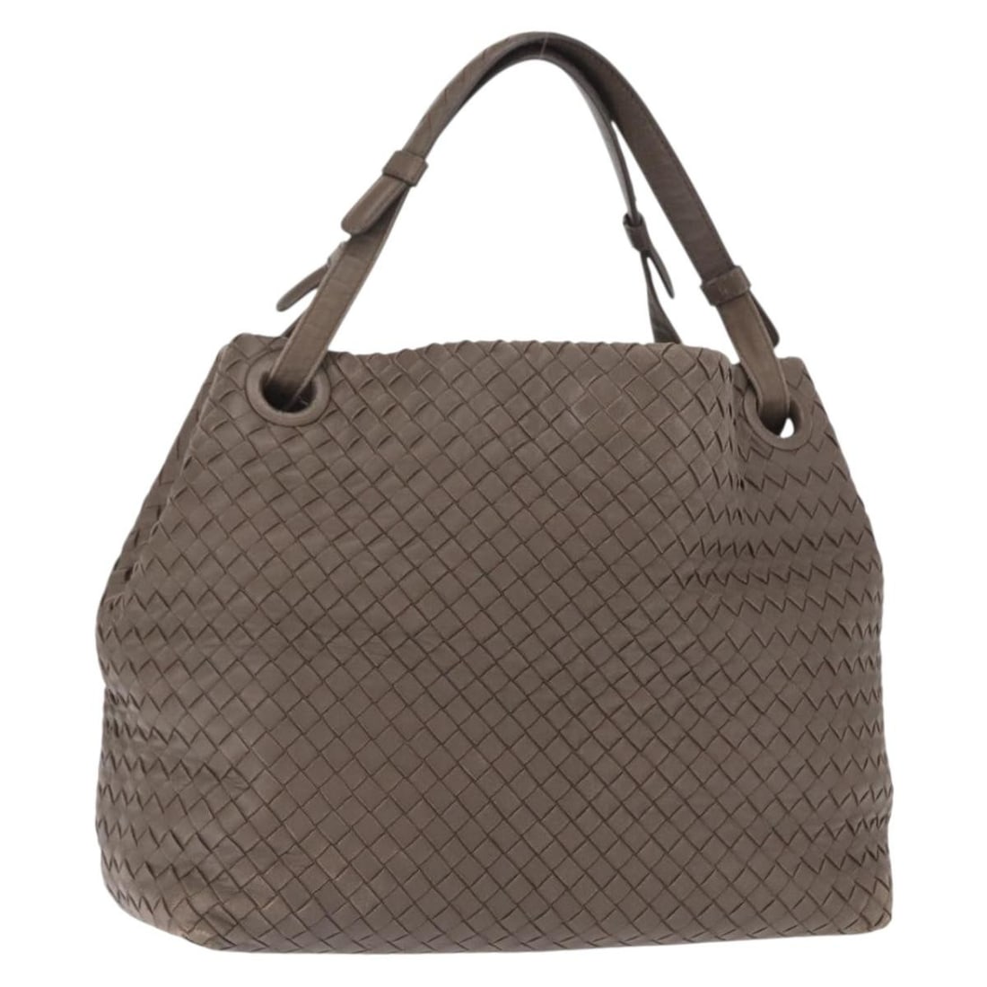 Gray Leather Intrecciato Tote by Bottega Veneta with Mirror Accessory: Gray Leather Intrecciato Tote by Bottega Veneta with Mirror Accessory This Bottega Veneta Intrecciato tote bag is crafted from gray leather and features the brand's signature woven design. Made in Ita