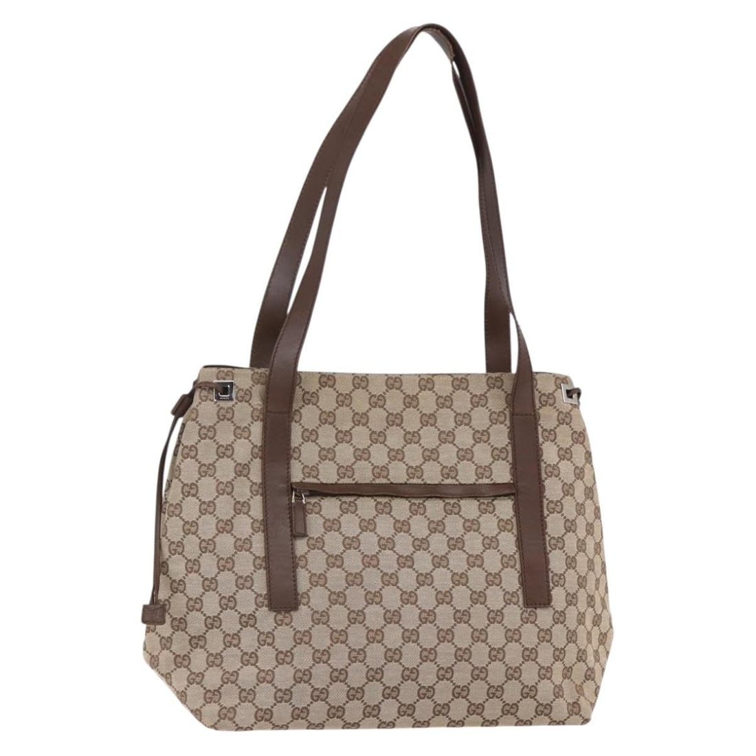 GUCCI GG Canvas Tote Bag Beige Silver 019 0493 Authentic: GUCCI GG Canvas Tote Bag Beige Silver 019 0493 Authentic This stylish GUCCI GG Canvas Tote Bag is crafted in Italy, showcasing a sophisticated blend of beige and silver colors. The exterior is made fr